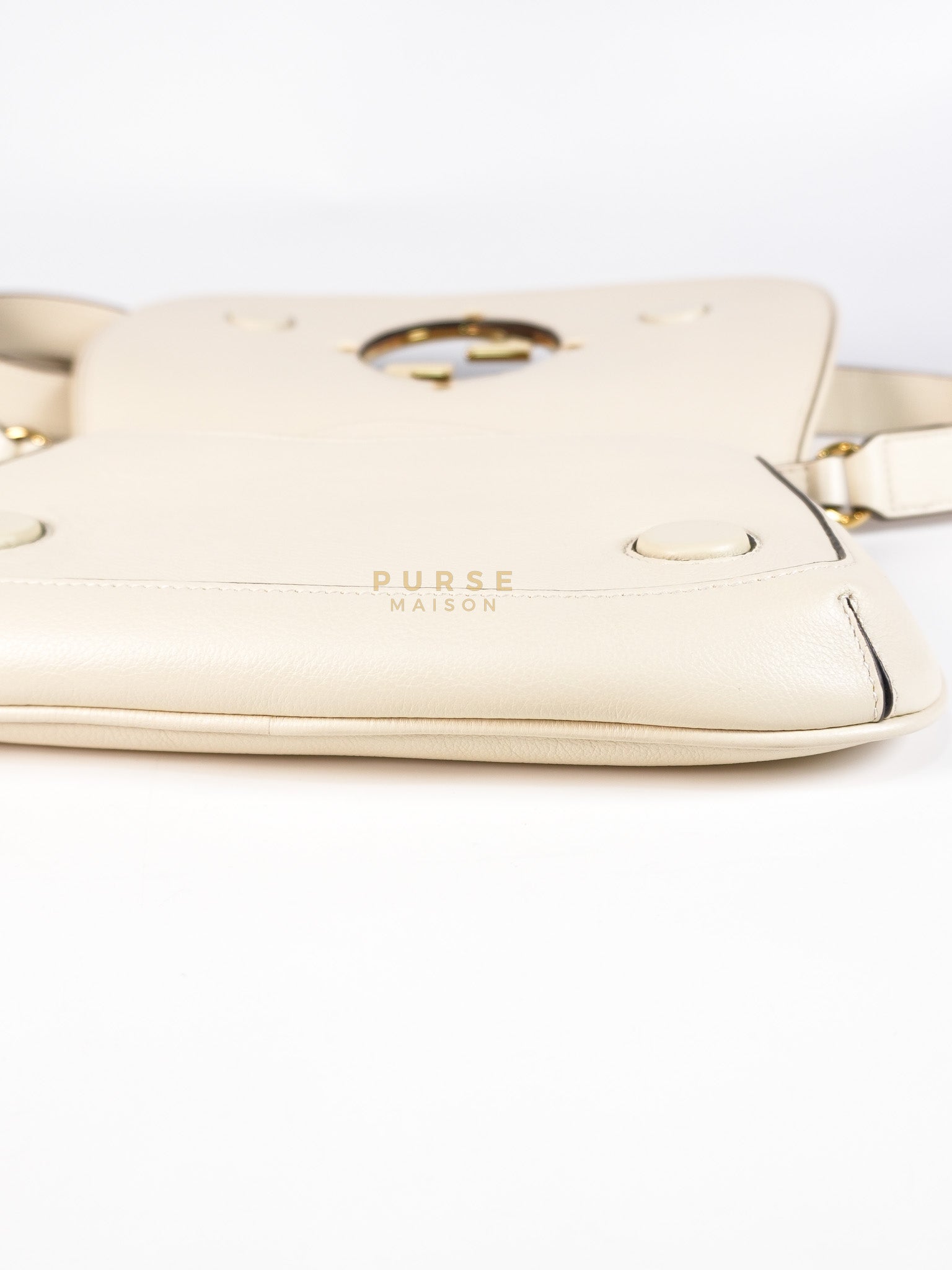 Roxy Blondie Chain Shoulder Flap Bag in Mystic White Calfskin Leather & Gold Hardware | Purse Maison Luxury Bags Shop