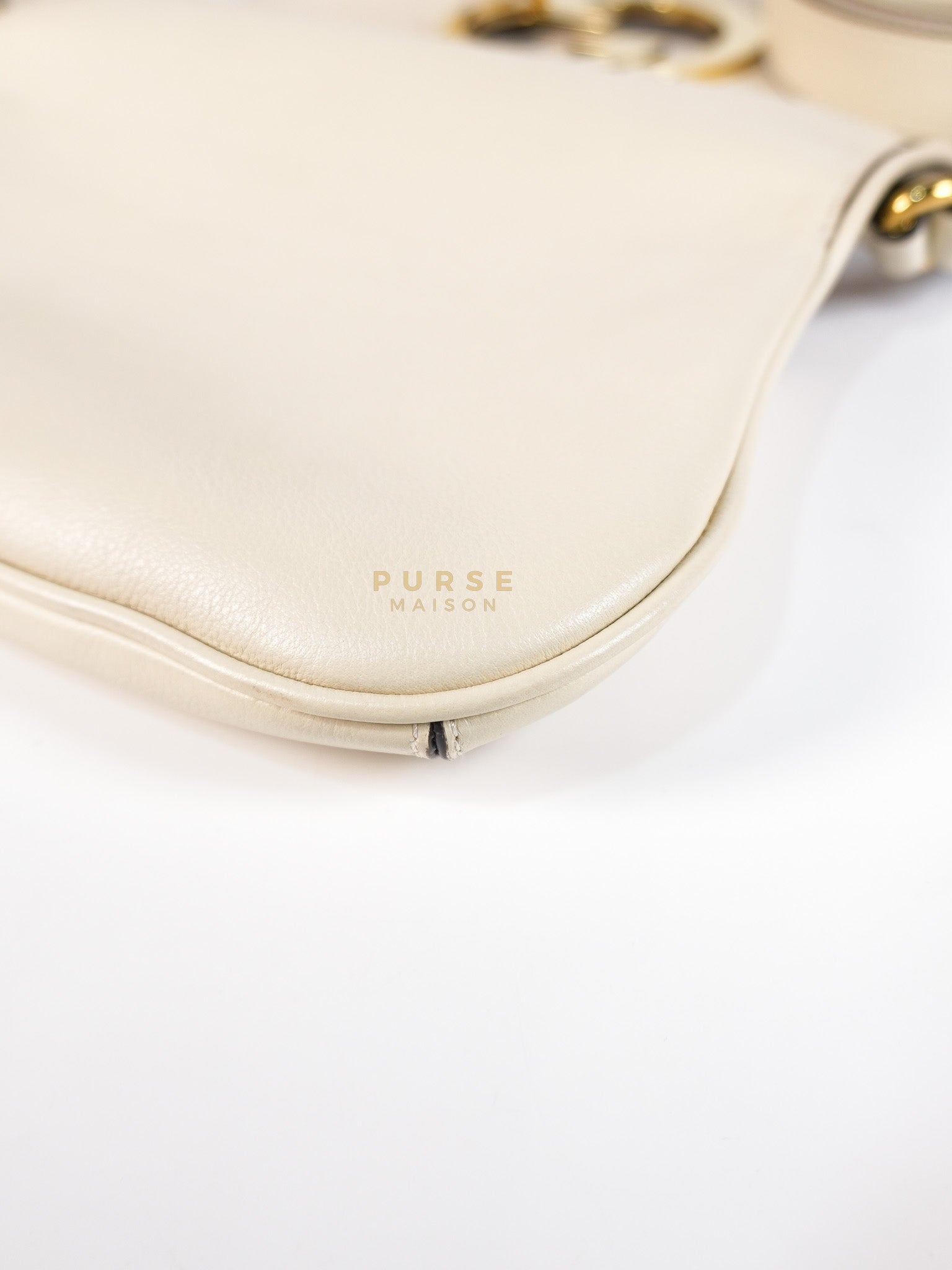 Roxy Blondie Chain Shoulder Flap Bag in Mystic White Calfskin Leather & Gold Hardware | Purse Maison Luxury Bags Shop