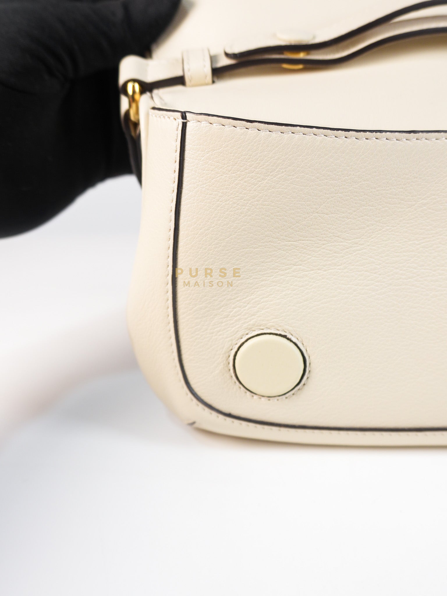 Roxy Blondie Chain Shoulder Flap Bag in Mystic White Calfskin Leather & Gold Hardware | Purse Maison Luxury Bags Shop