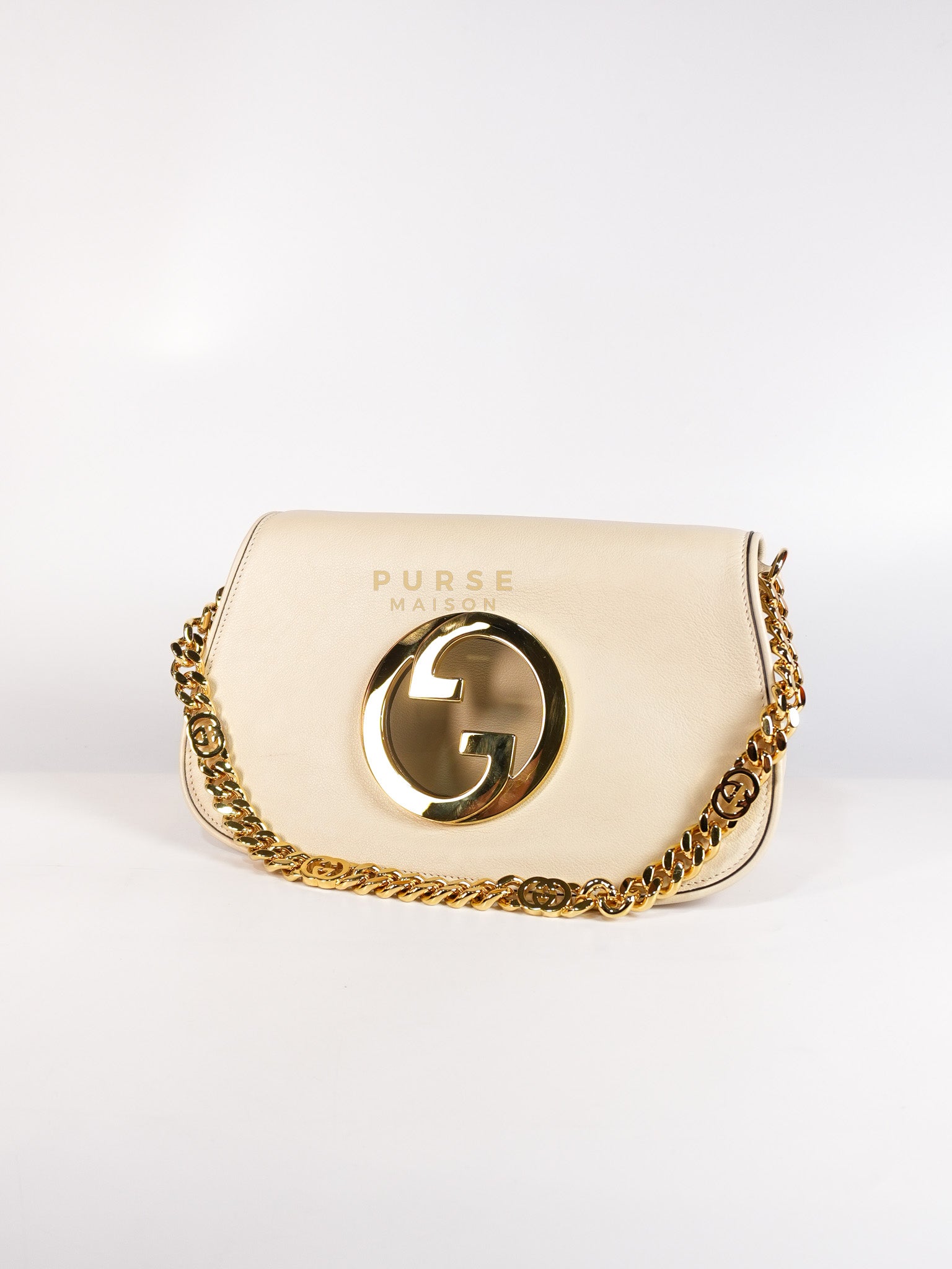 Roxy Blondie Chain Shoulder Flap Bag in Mystic White Calfskin Leather & Gold Hardware | Purse Maison Luxury Bags Shop