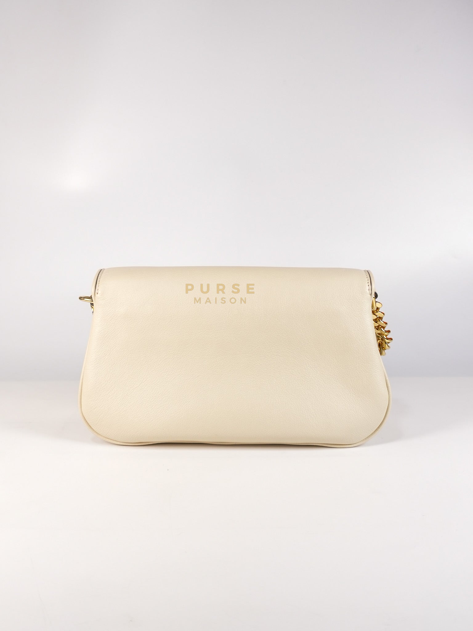 Roxy Blondie Chain Shoulder Flap Bag in Mystic White Calfskin Leather & Gold Hardware | Purse Maison Luxury Bags Shop