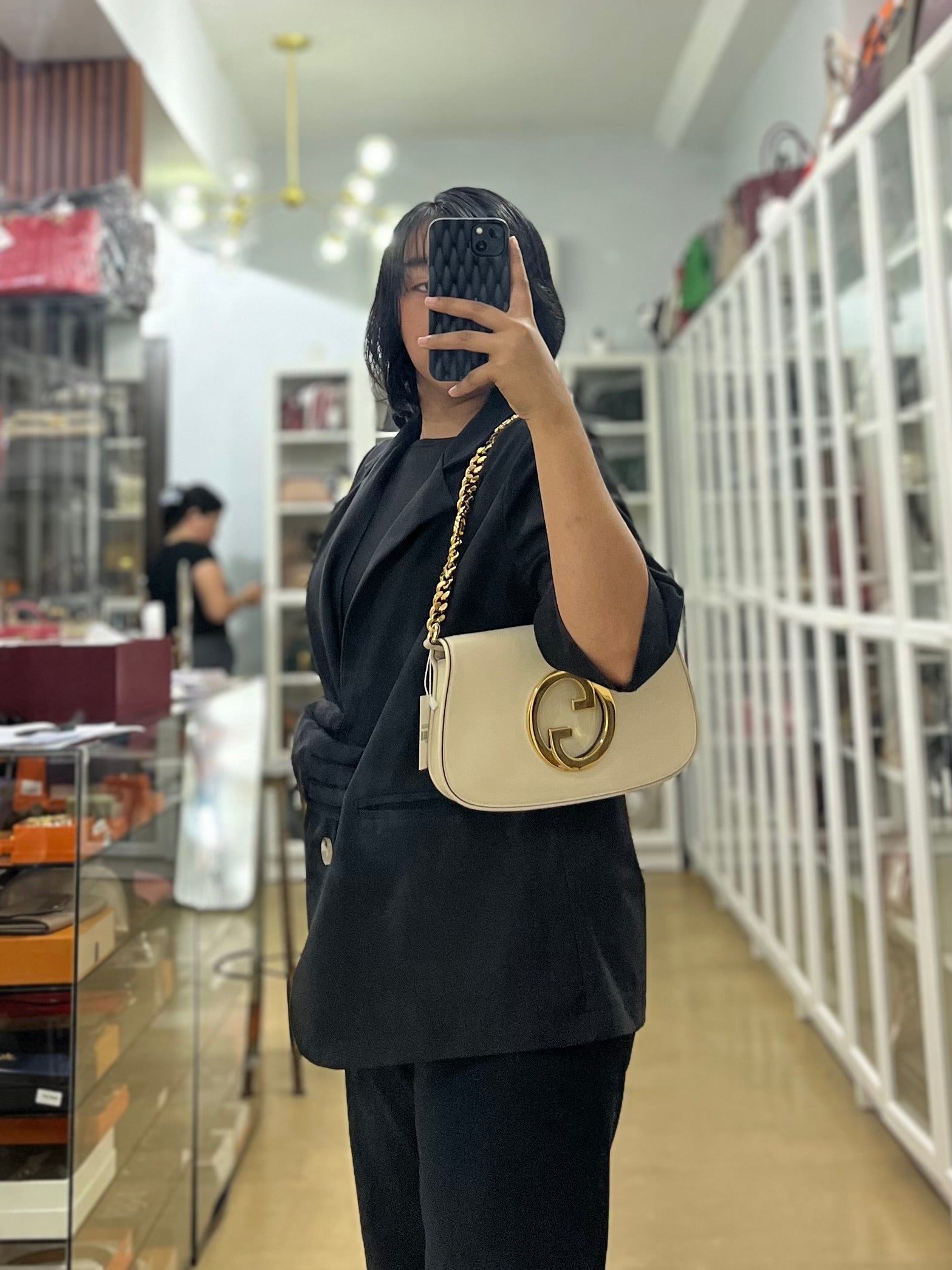 Roxy Blondie Chain Shoulder Flap Bag in Mystic White Calfskin Leather & Gold Hardware | Purse Maison Luxury Bags Shop