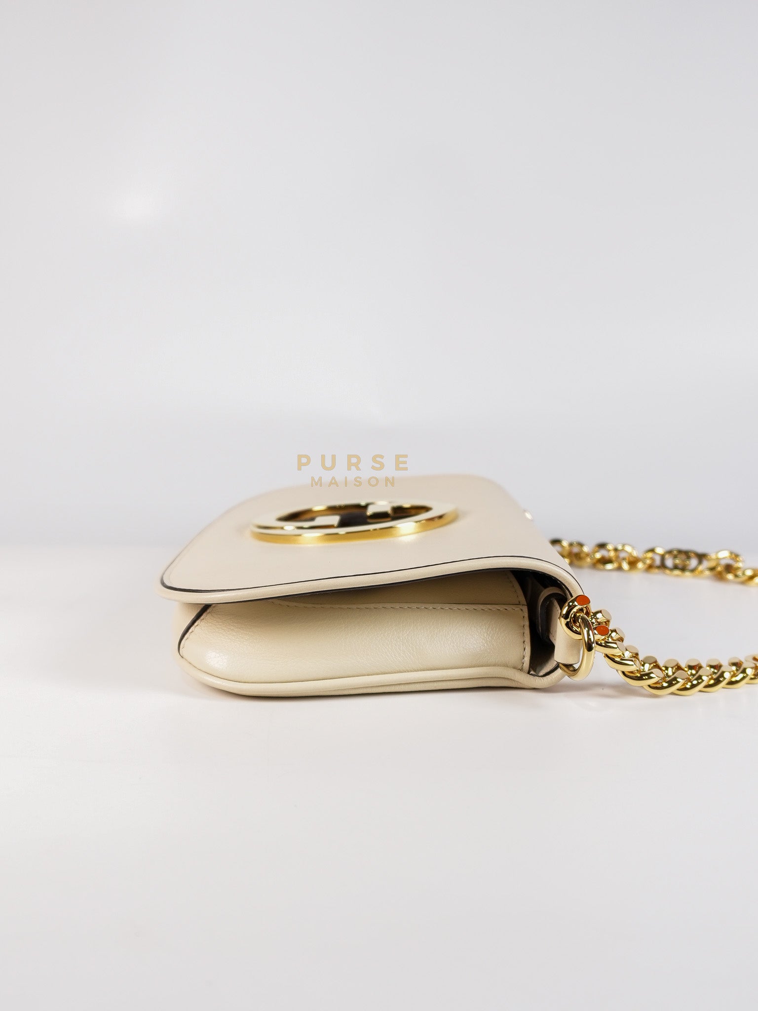 Roxy Blondie Chain Shoulder Flap Bag in Mystic White Calfskin Leather & Gold Hardware | Purse Maison Luxury Bags Shop
