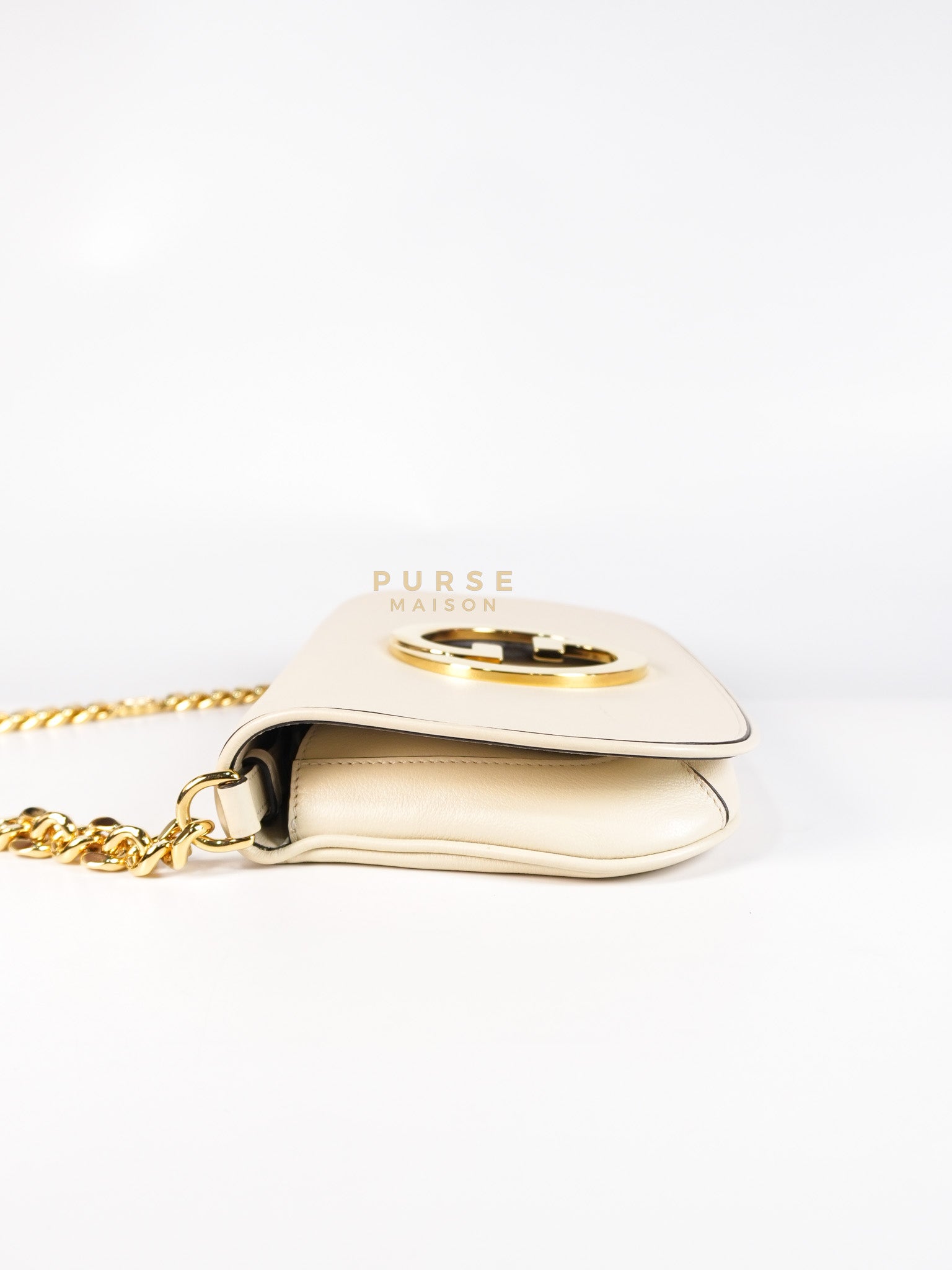 Roxy Blondie Chain Shoulder Flap Bag in Mystic White Calfskin Leather & Gold Hardware | Purse Maison Luxury Bags Shop