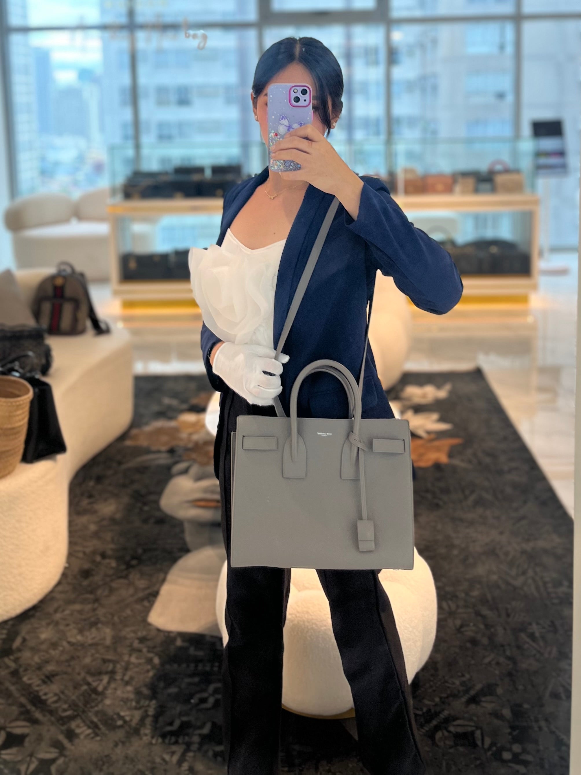 Sac De Jour Small in Gray Grained Calfskin Leather Shoulder Bag | Purse Maison Luxury Bags Shop