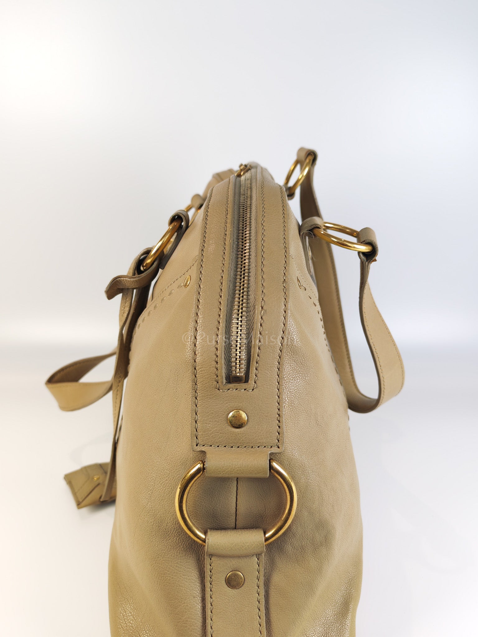 Sac Muse in Dark Beige Calfskin Leather and Aged Gold Hardware | Purse Maison Luxury Bags Shop