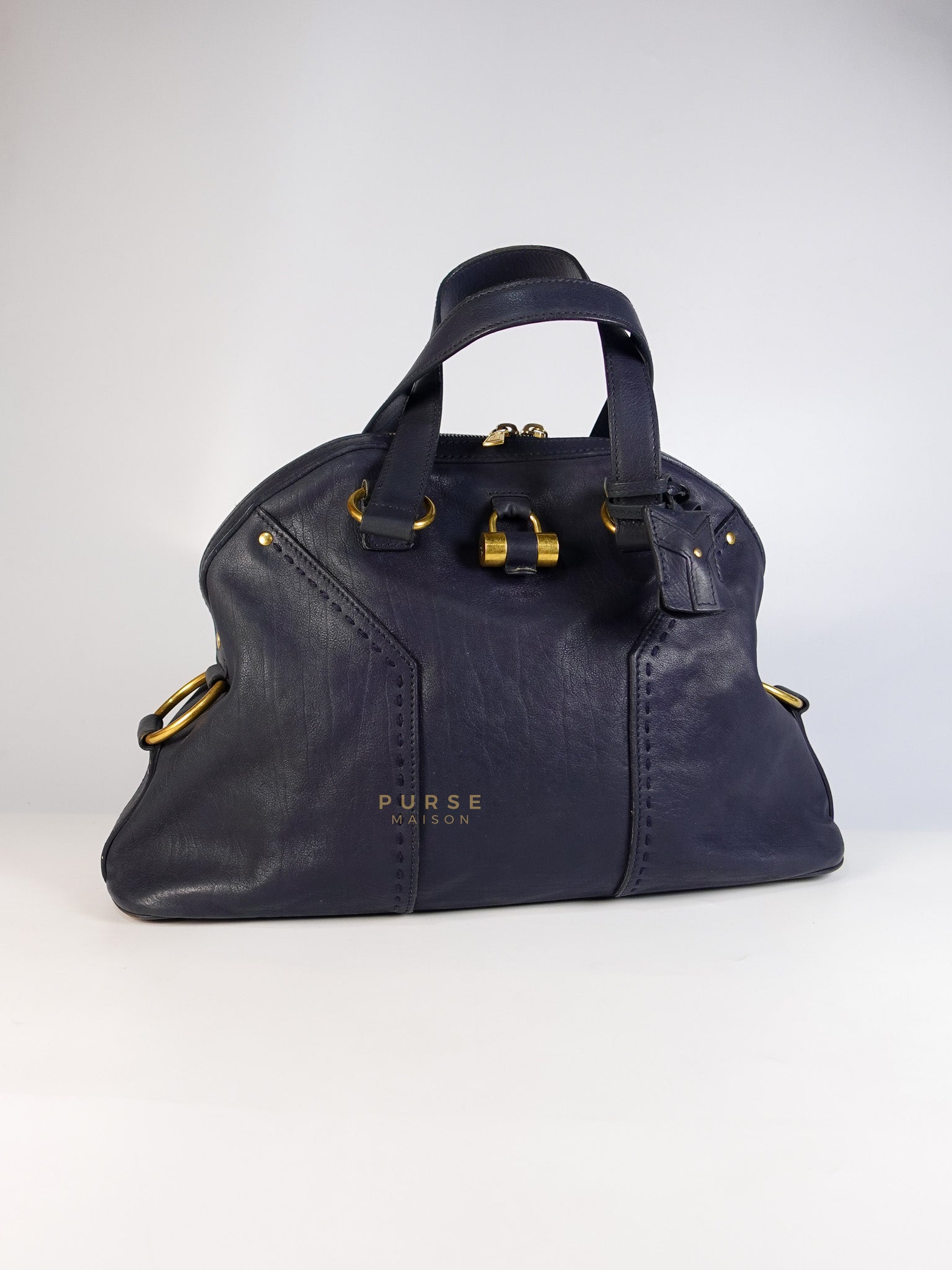 Sac Muse Large Hand Bag In Navy Blue Calfskin Leather Aged Gold Hardware | Purse Maison Luxury Bags Shop
