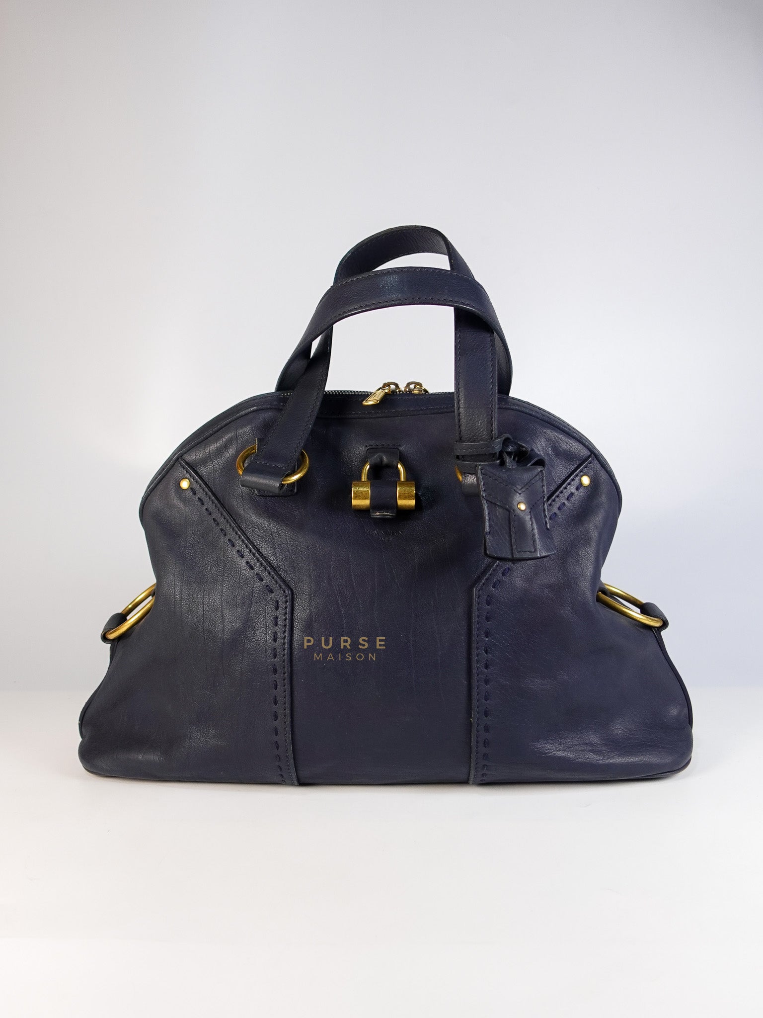 Sac Muse Large Hand Bag In Navy Blue Calfskin Leather Aged Gold Hardware | Purse Maison Luxury Bags Shop