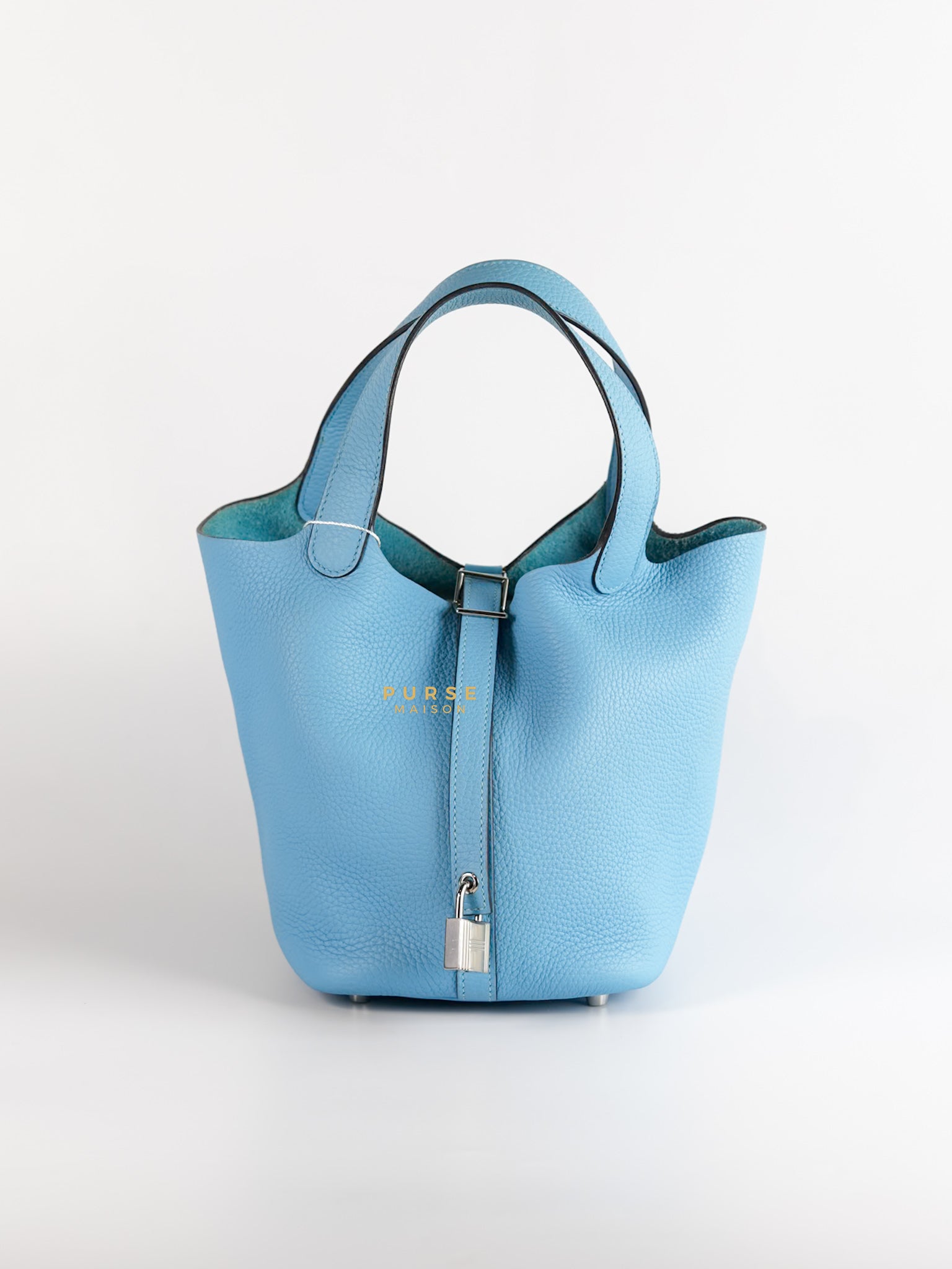 Sac Picotin Lock 18 in Taurillon Clemence Bleu Du Nord and Palladium Hardware Stamp Y | Purse Maison Luxury Bags Shop