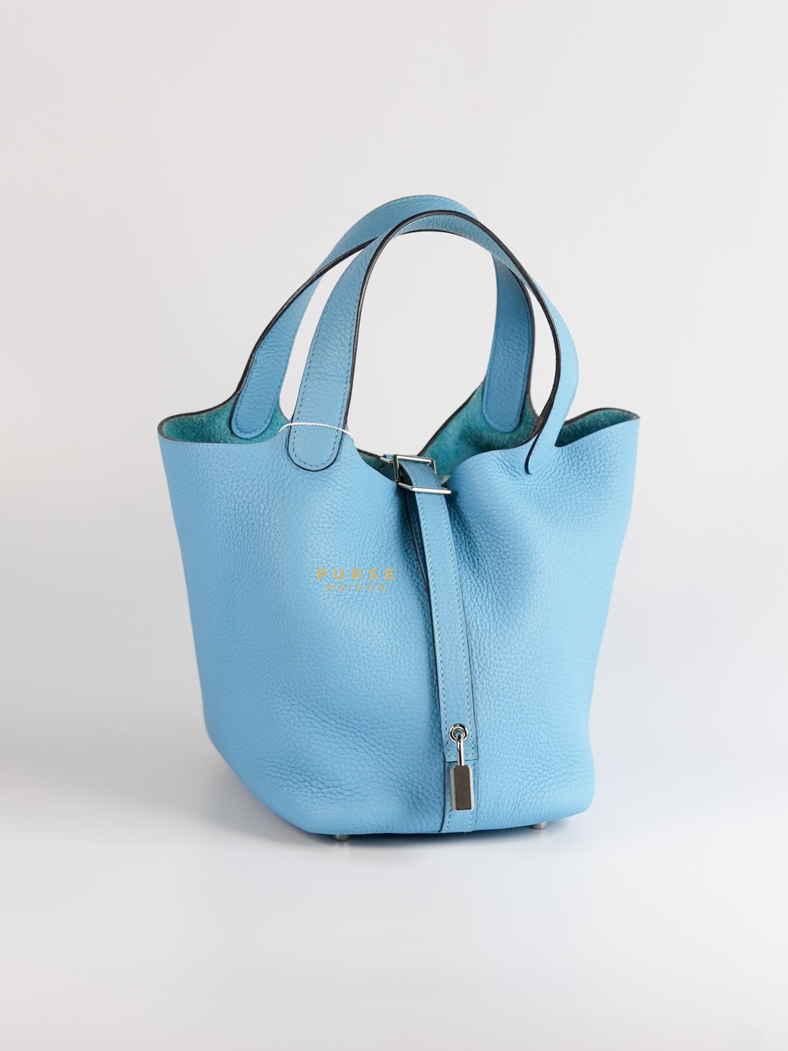 Sac Picotin Lock 18 in Taurillon Clemence Bleu Du Nord and Palladium Hardware Stamp Y | Purse Maison Luxury Bags Shop