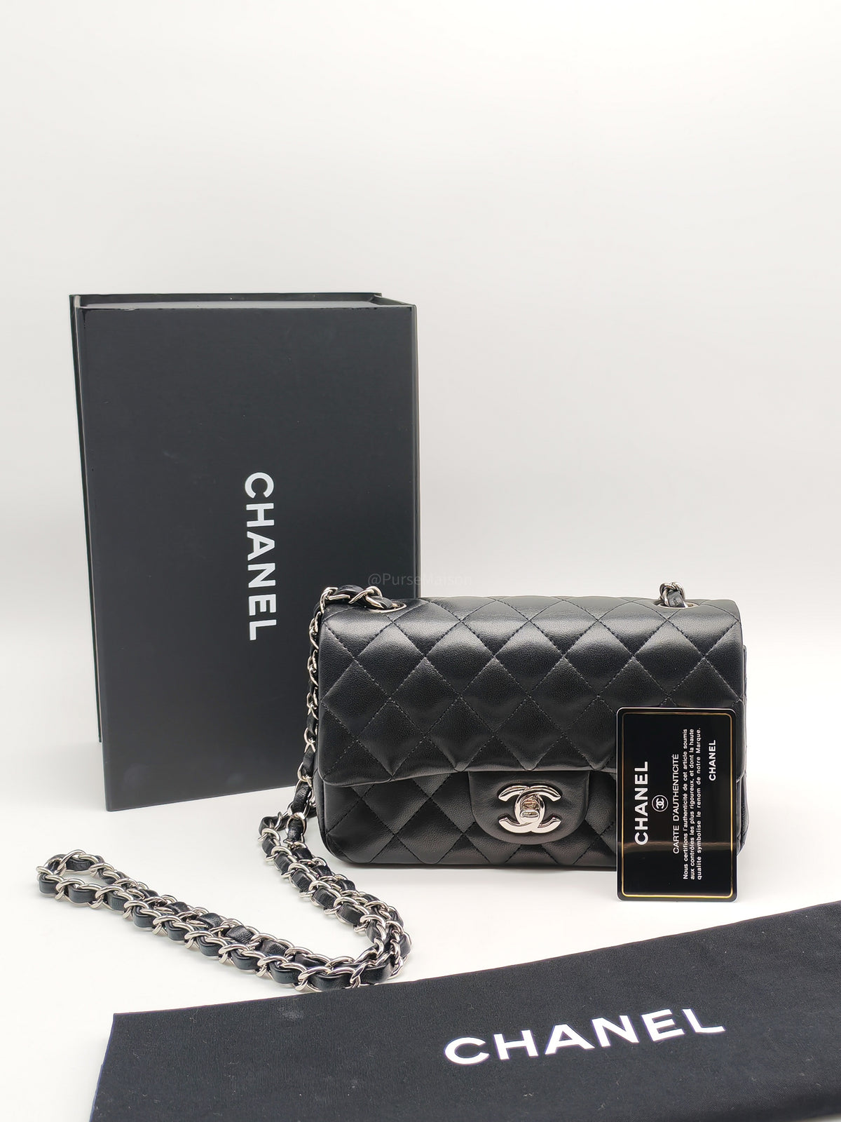 Chanel Classic Mini Rectangular Flap Bag in Black Lambskin Leather Silver Hardware (Series 25)