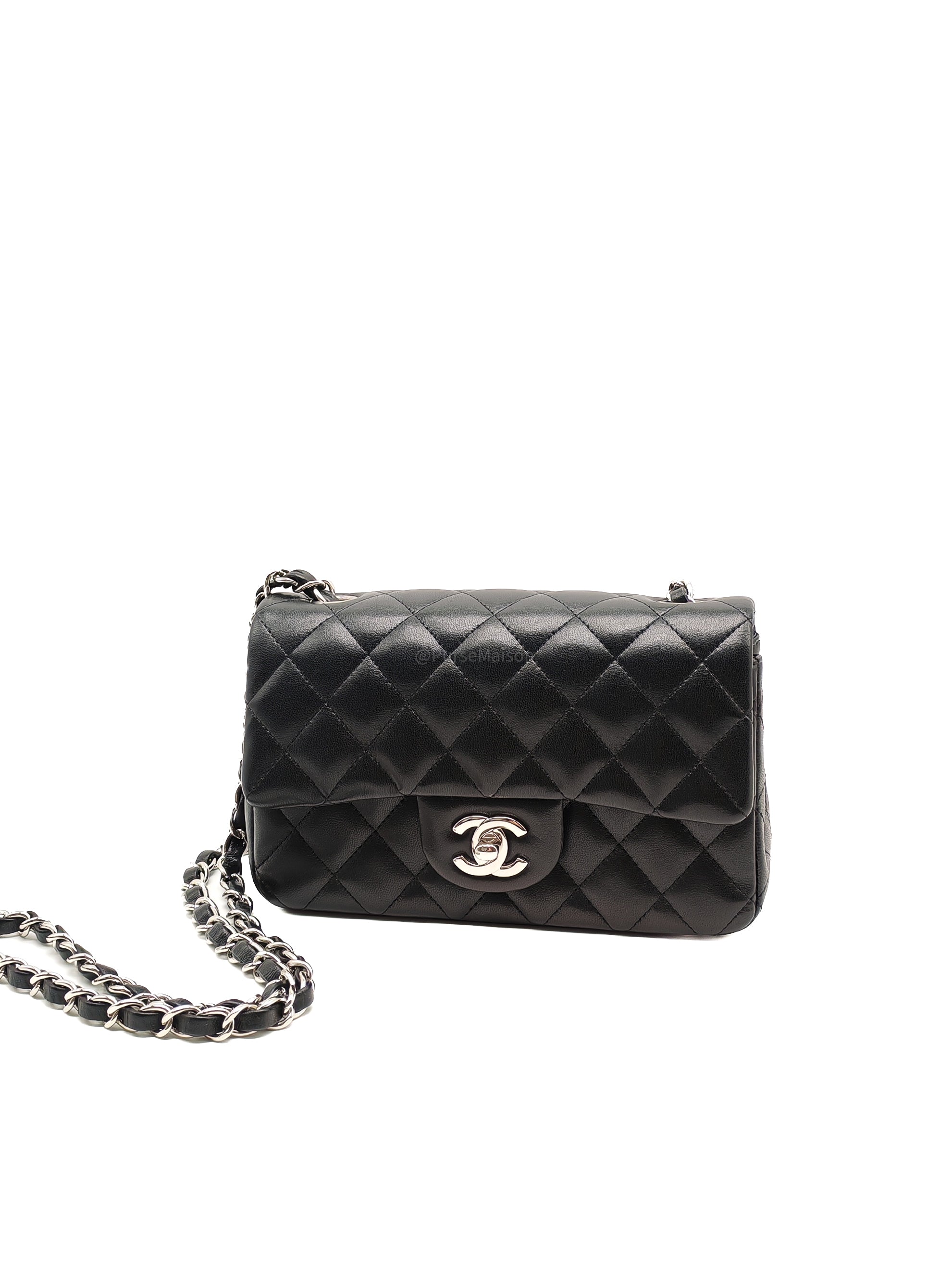 Chanel Classic Mini Rectangular Flap Bag in Black Lambskin Leather Silver Hardware (Series 25)