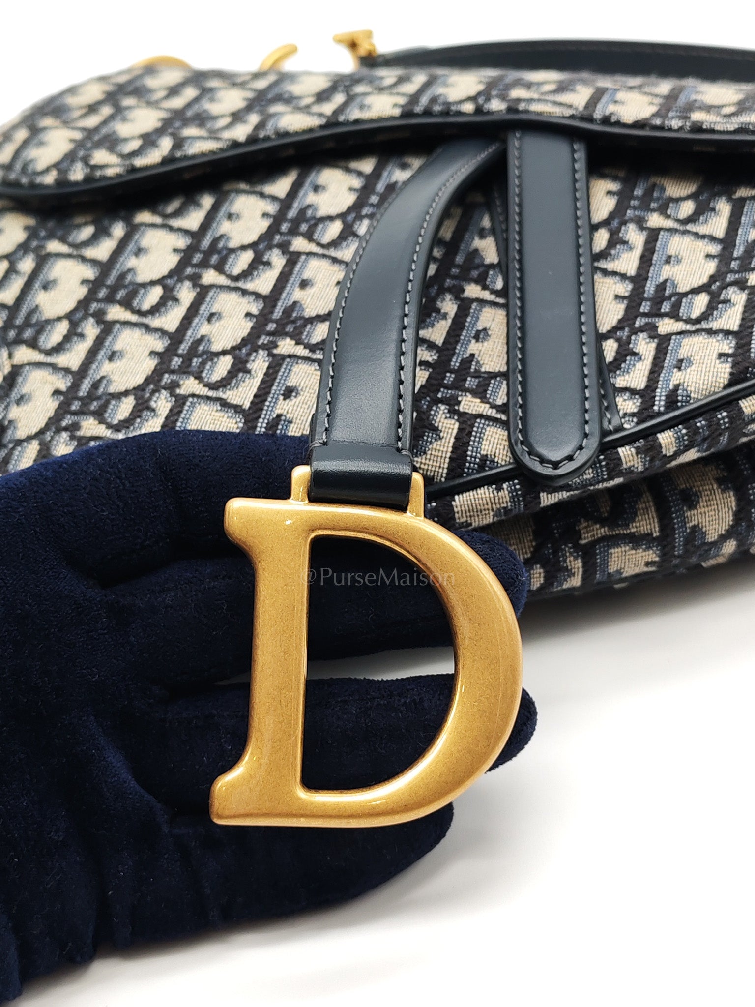 Saddle Bag Medium in Blue Oblique Jacquard Canvas & Gold Hardware | Purse Maison Luxury Bags Shop