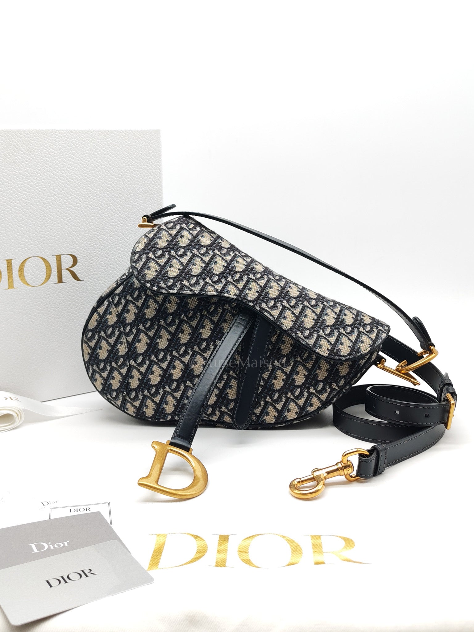 Saddle Bag Medium in Blue Oblique Jacquard Canvas & Gold Hardware | Purse Maison Luxury Bags Shop