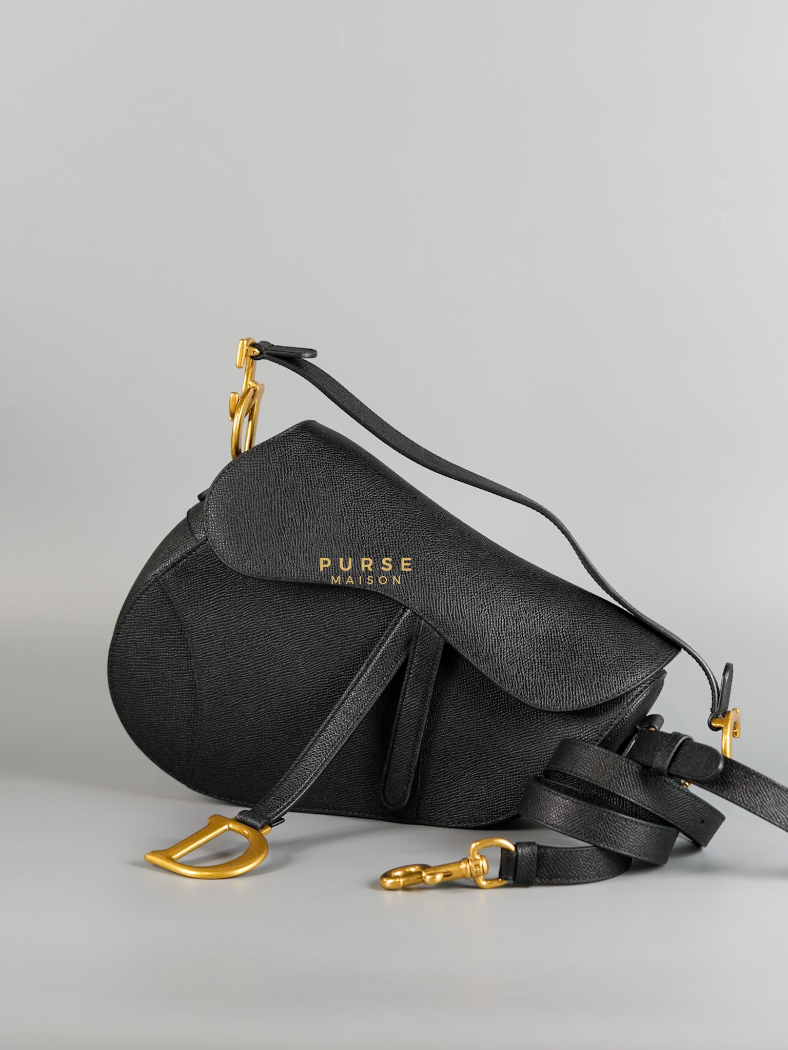 Saddle Medium in Black Grained Calfskin Leather and Gold Hardware | Purse Maison Luxury Bags Shop