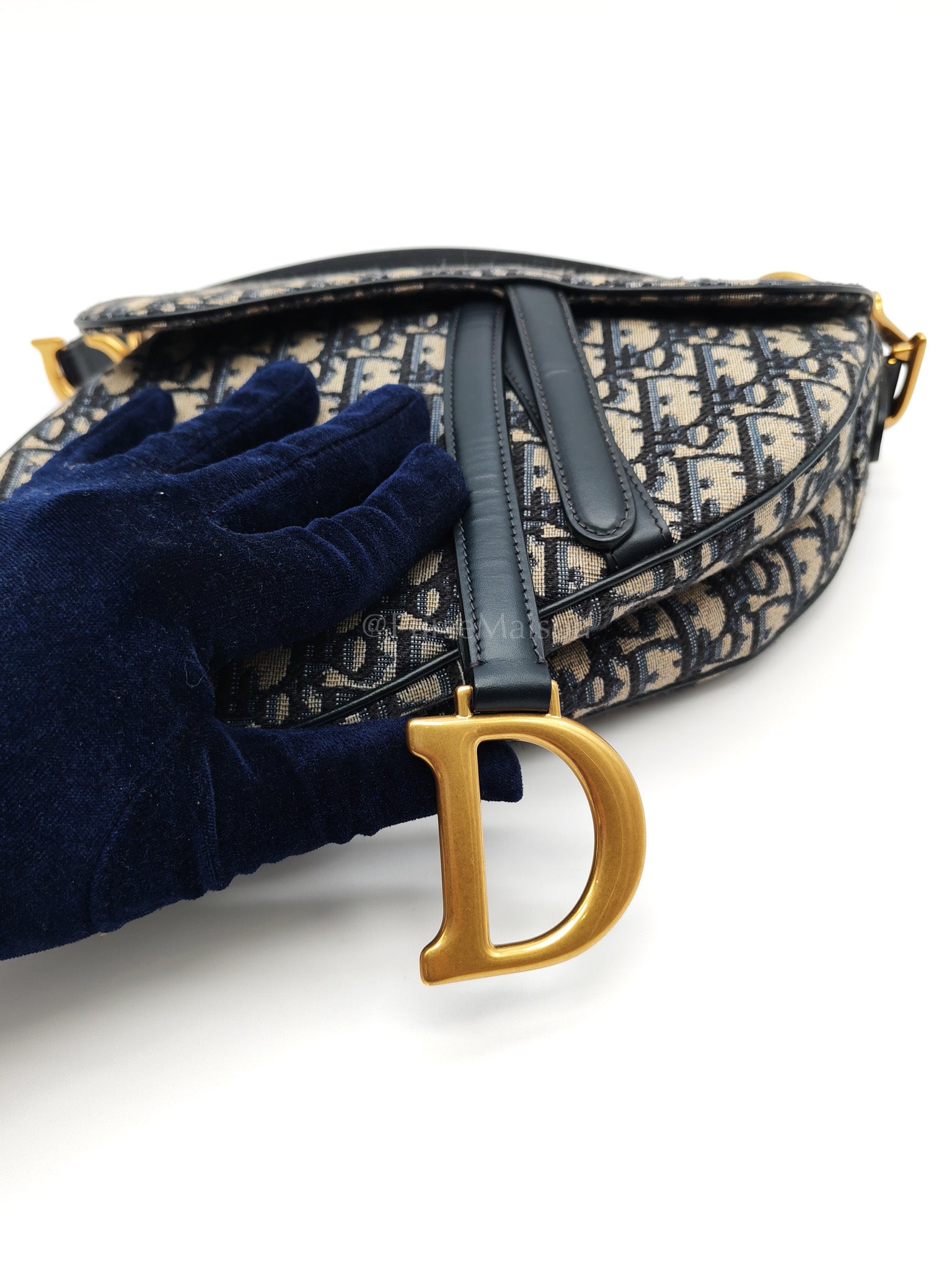 Saddle Medium in Blue Oblique Jacquard Canvas with Strap | Purse Maison Luxury Bags Shop
