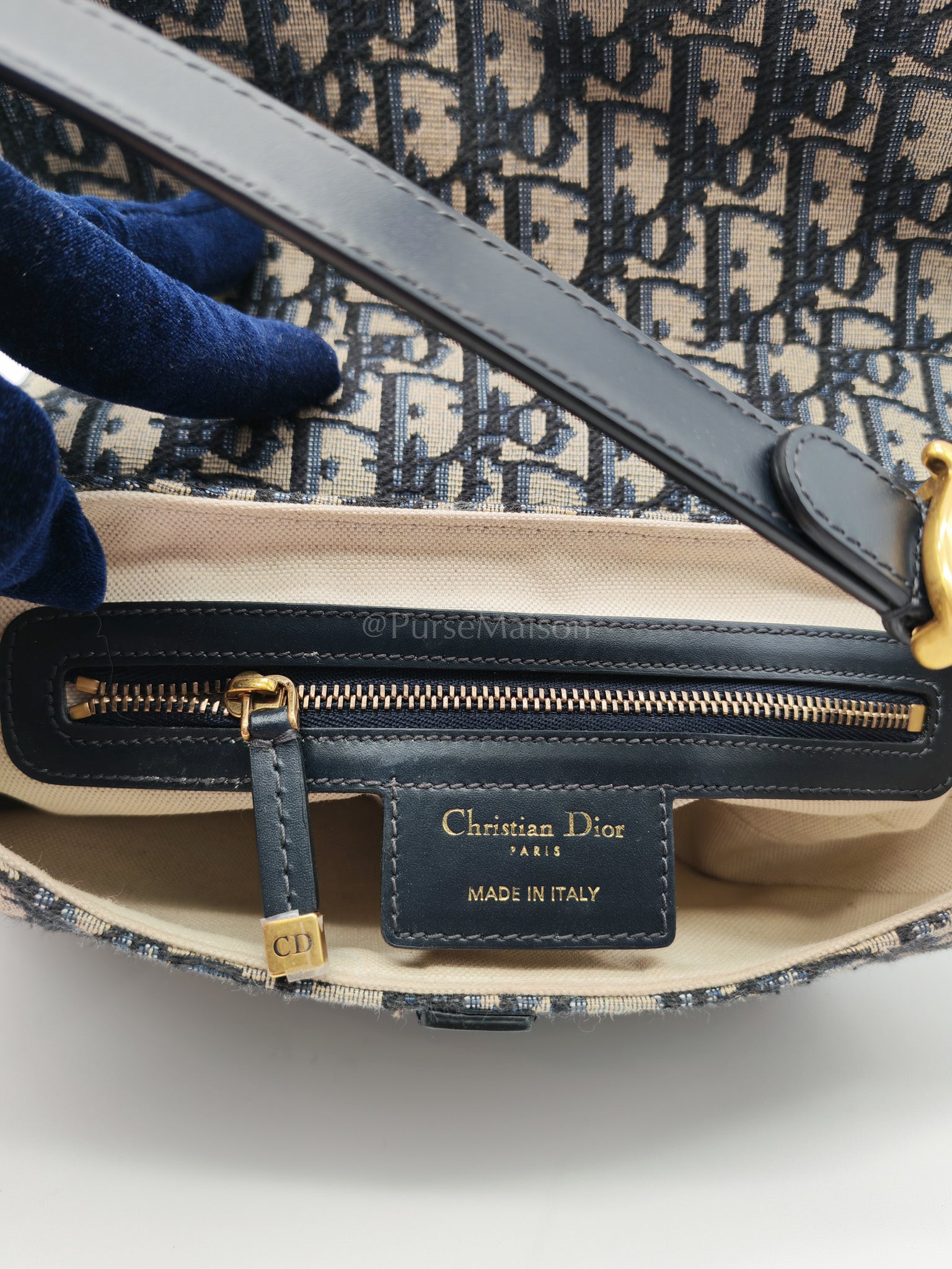 Saddle Medium in Blue Oblique Jacquard Canvas with Strap | Purse Maison Luxury Bags Shop