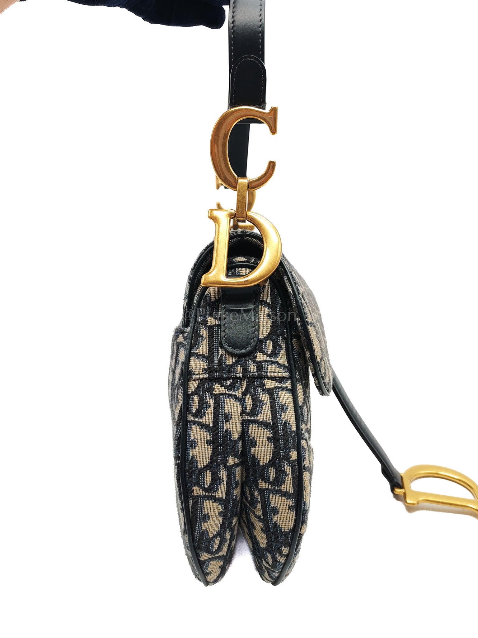 Saddle Medium in Blue Oblique Jacquard Canvas with Strap | Purse Maison Luxury Bags Shop