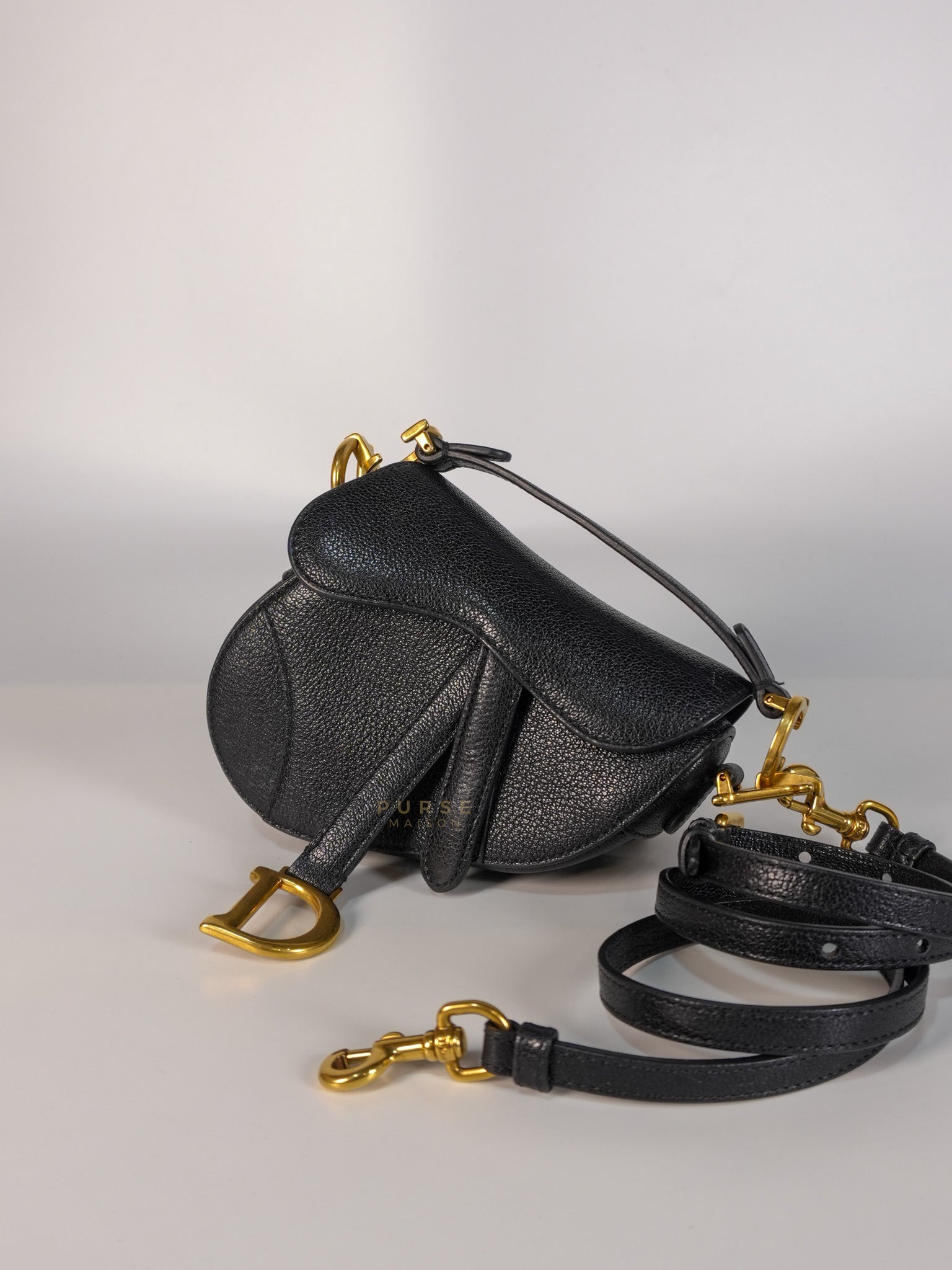 Saddle Micro in Black Grained Calfskin Leather Gold Hardware | Purse Maison Luxury Bags Shop