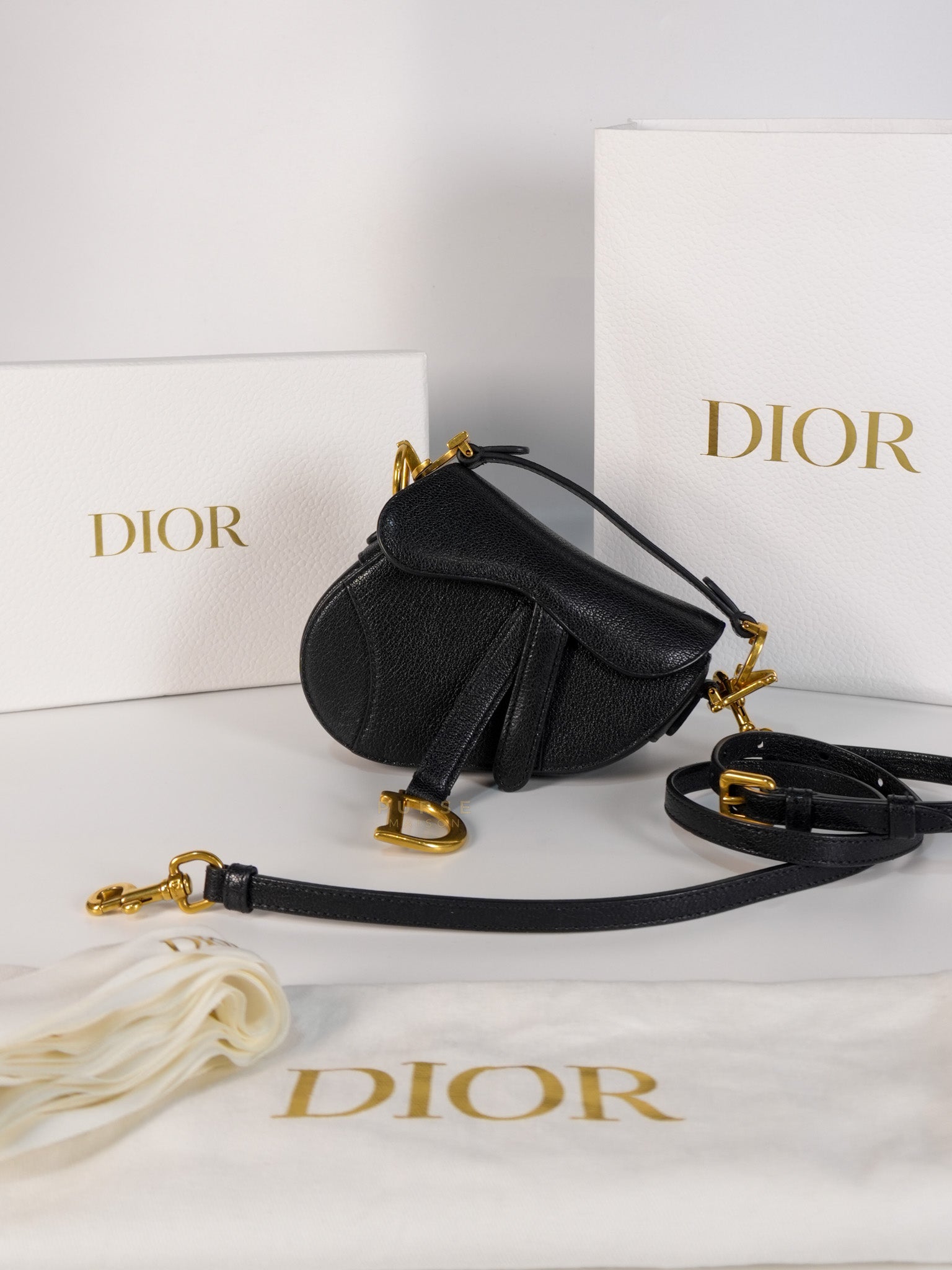 Saddle Micro in Black Grained Calfskin Leather Gold Hardware | Purse Maison Luxury Bags Shop