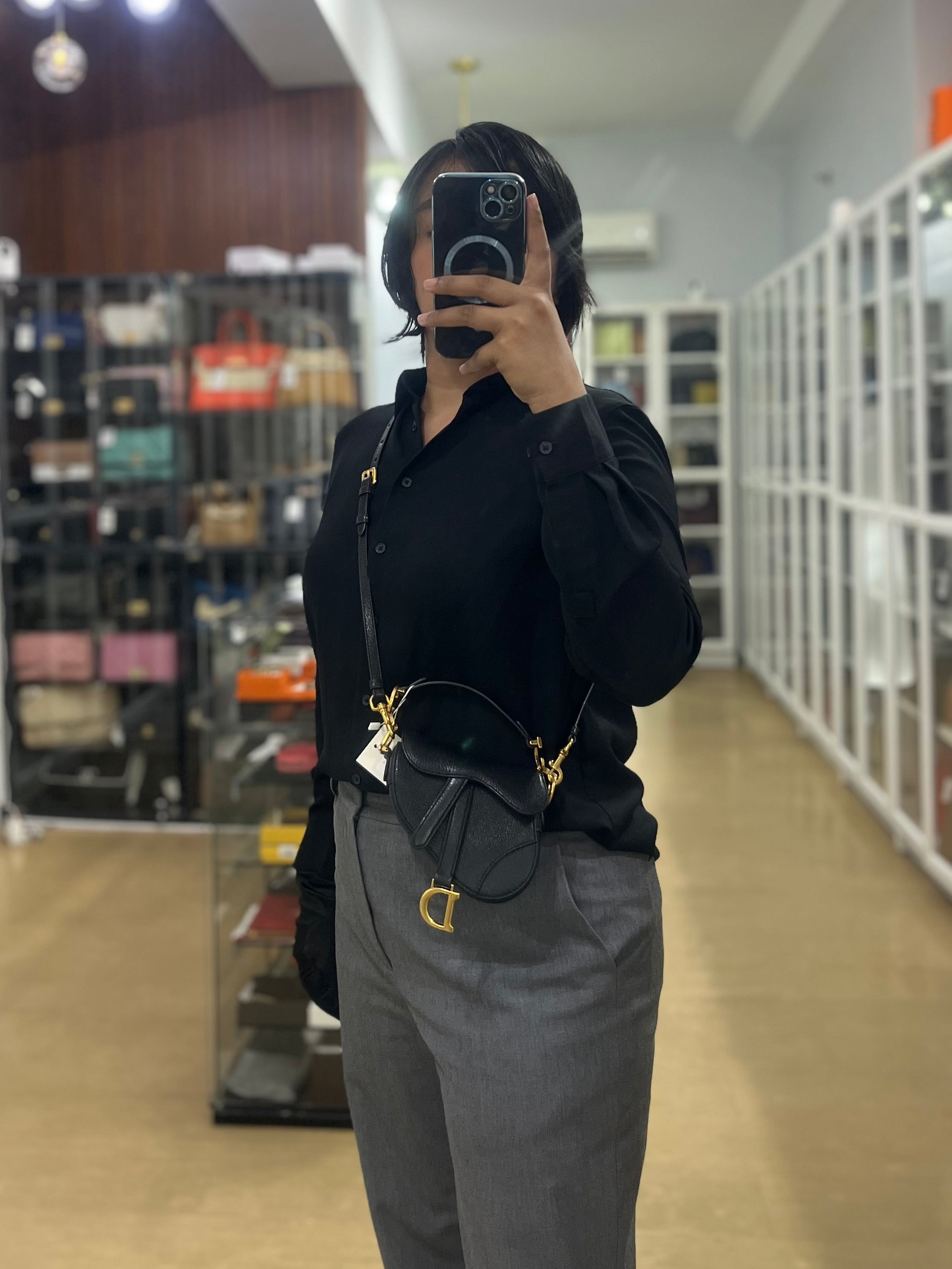 Saddle Micro in Black Grained Calfskin Leather Gold Hardware | Purse Maison Luxury Bags Shop