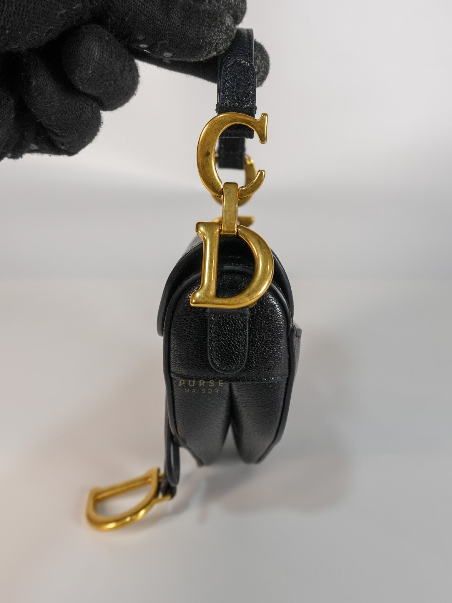 Saddle Micro in Black Grained Calfskin Leather Gold Hardware | Purse Maison Luxury Bags Shop
