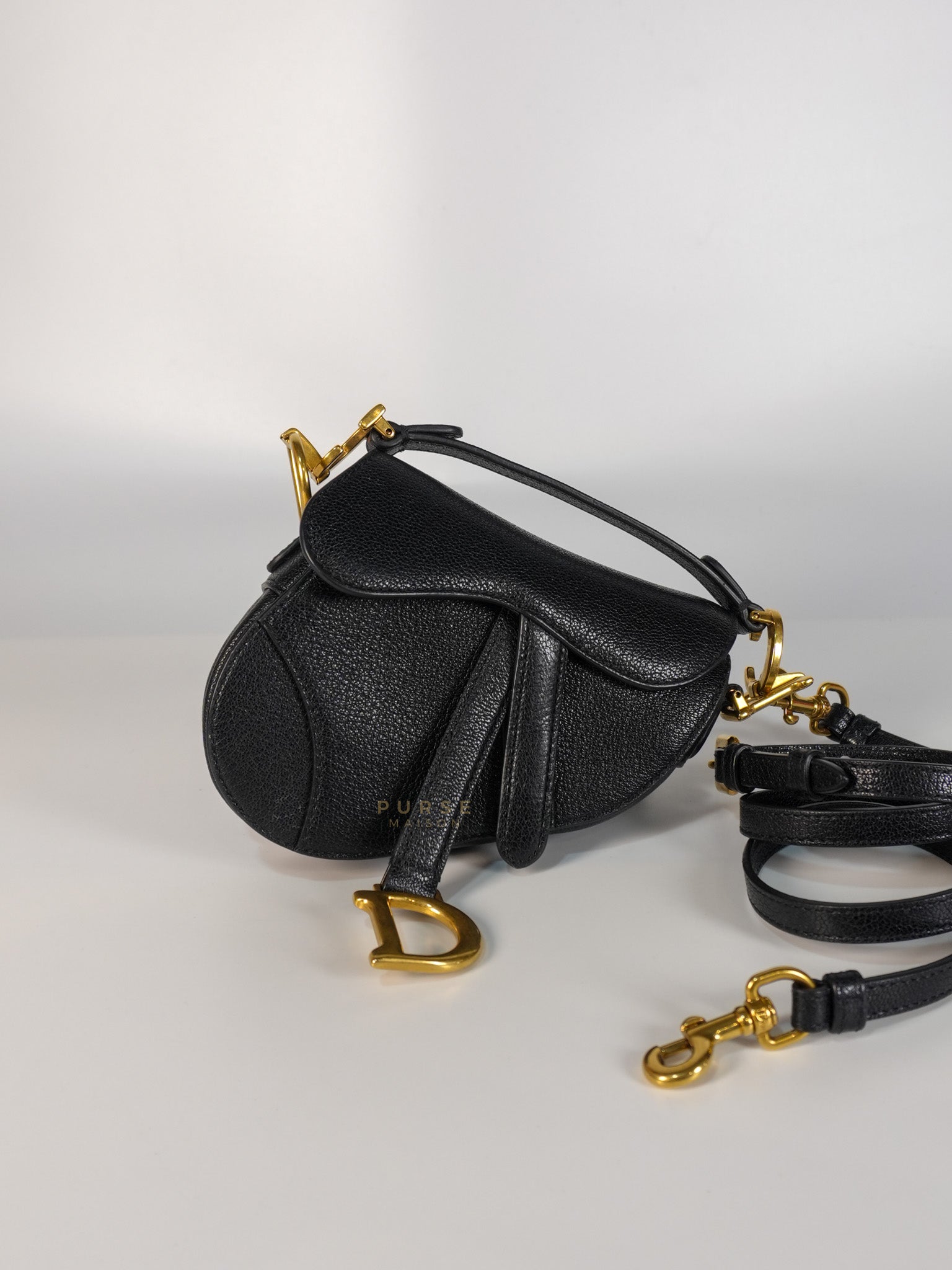 Saddle Micro in Black Grained Calfskin Leather Gold Hardware | Purse Maison Luxury Bags Shop