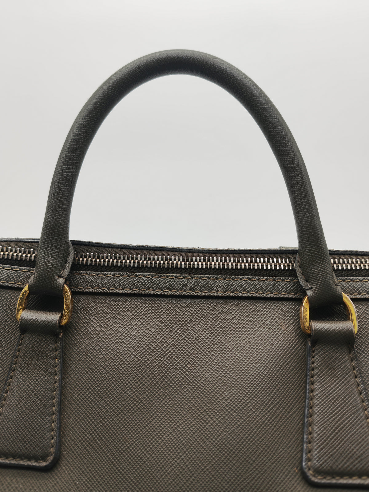 Prada Saffiano Lux Top Handle Bowler Bag in Olive Green Saffiano Cuir Leather and Gold Hardware