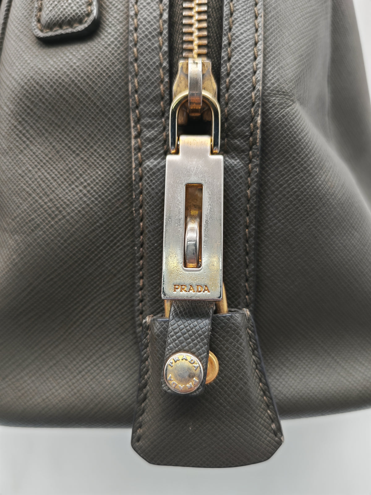 Prada Saffiano Lux Top Handle Bowler Bag in Olive Green Saffiano Cuir Leather and Gold Hardware