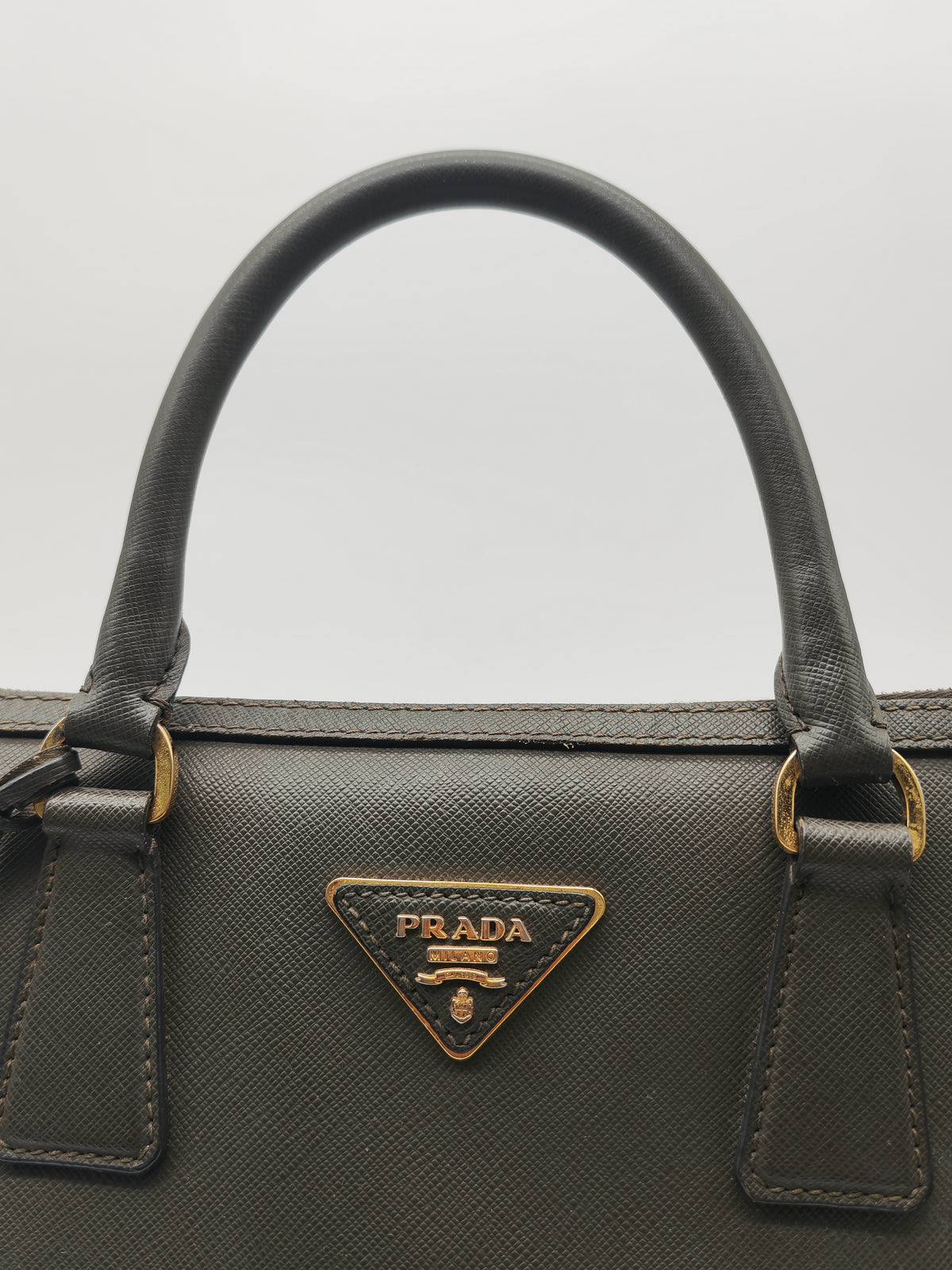 Prada Saffiano Lux Top Handle Bowler Bag in Olive Green Saffiano Cuir Leather and Gold Hardware