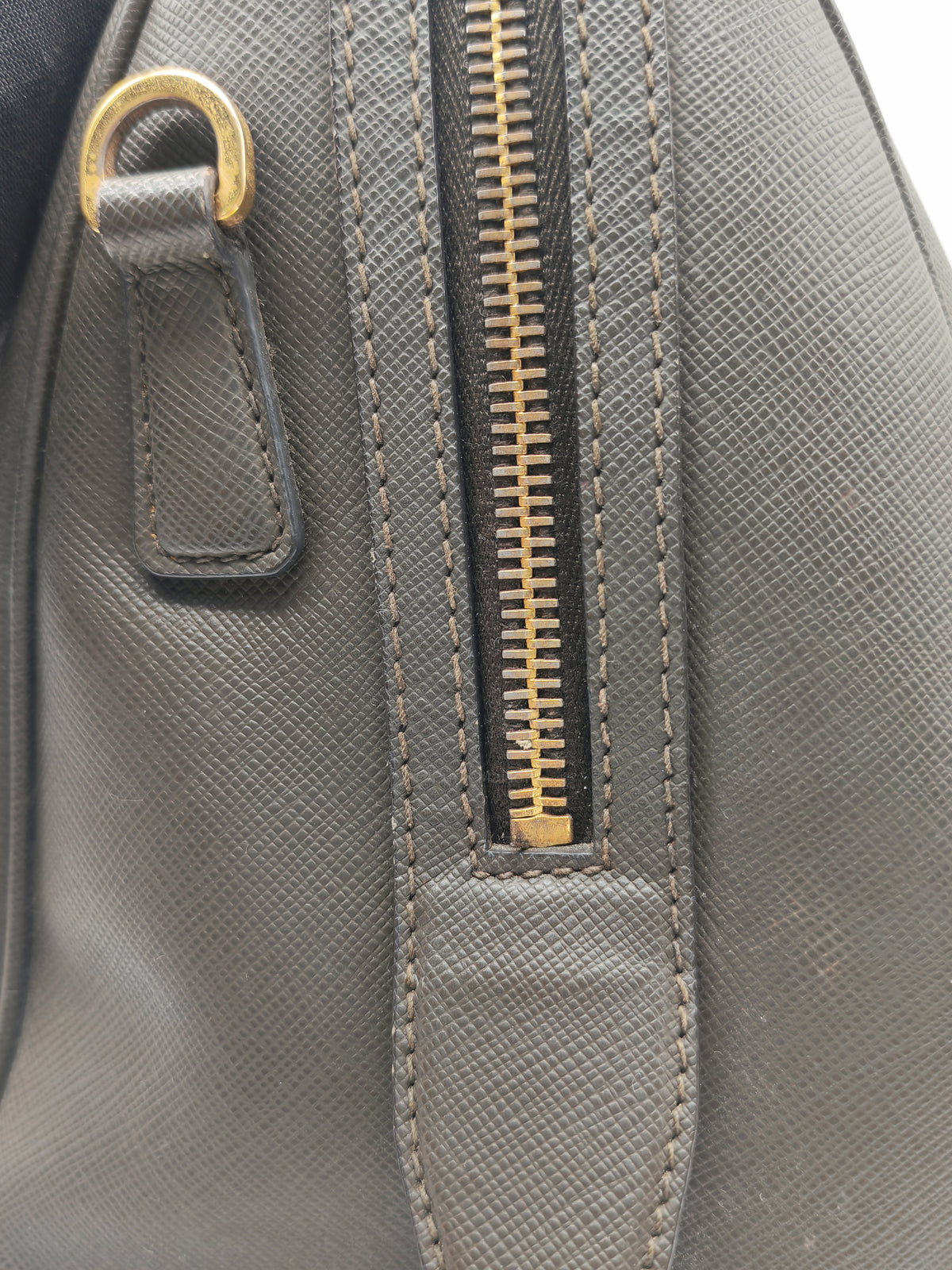 Prada Saffiano Lux Top Handle Bowler Bag in Olive Green Saffiano Cuir Leather and Gold Hardware