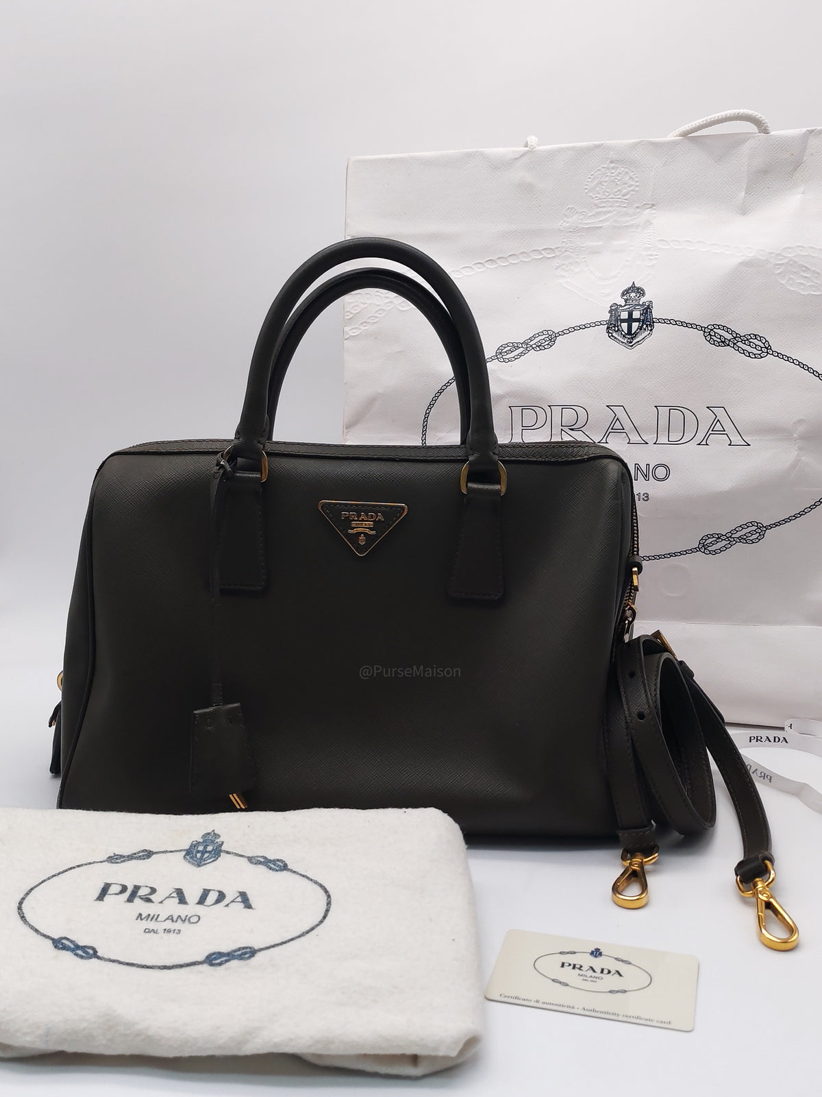 Prada Saffiano Lux Top Handle Bowler Bag in Olive Green Saffiano Cuir Leather and Gold Hardware