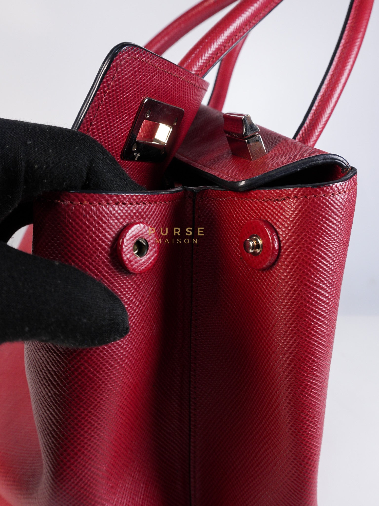 Saffiano Cuir Double Bag Large in Red Silver Hardware | Purse Maison Luxury Bags Shop