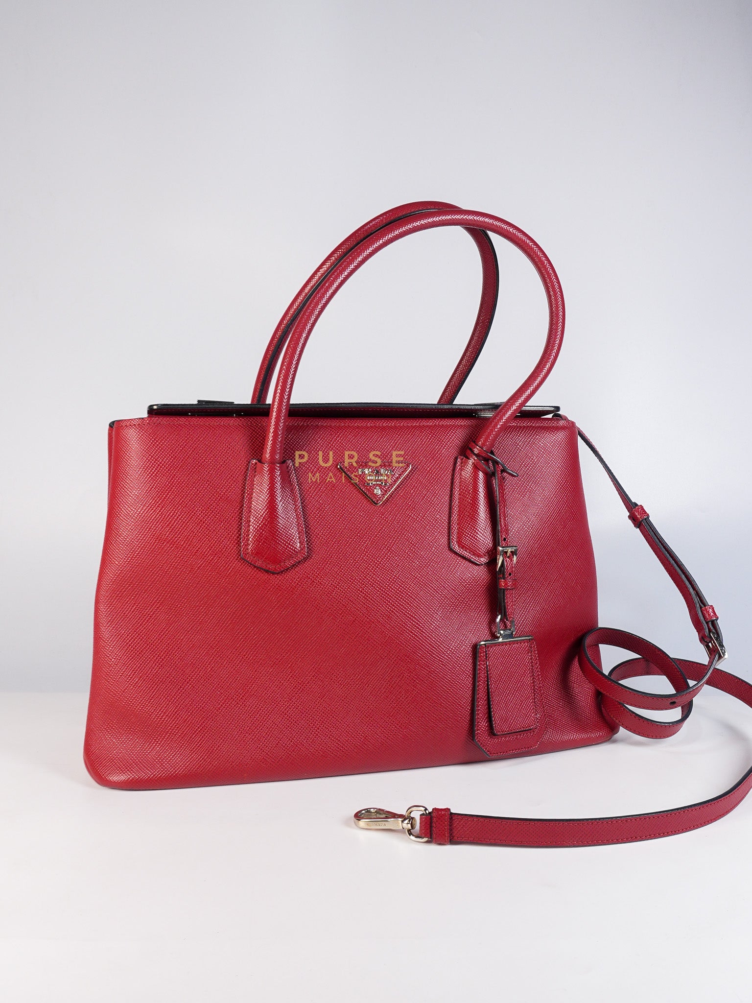 Saffiano Cuir Double Bag Large in Red Silver Hardware | Purse Maison Luxury Bags Shop