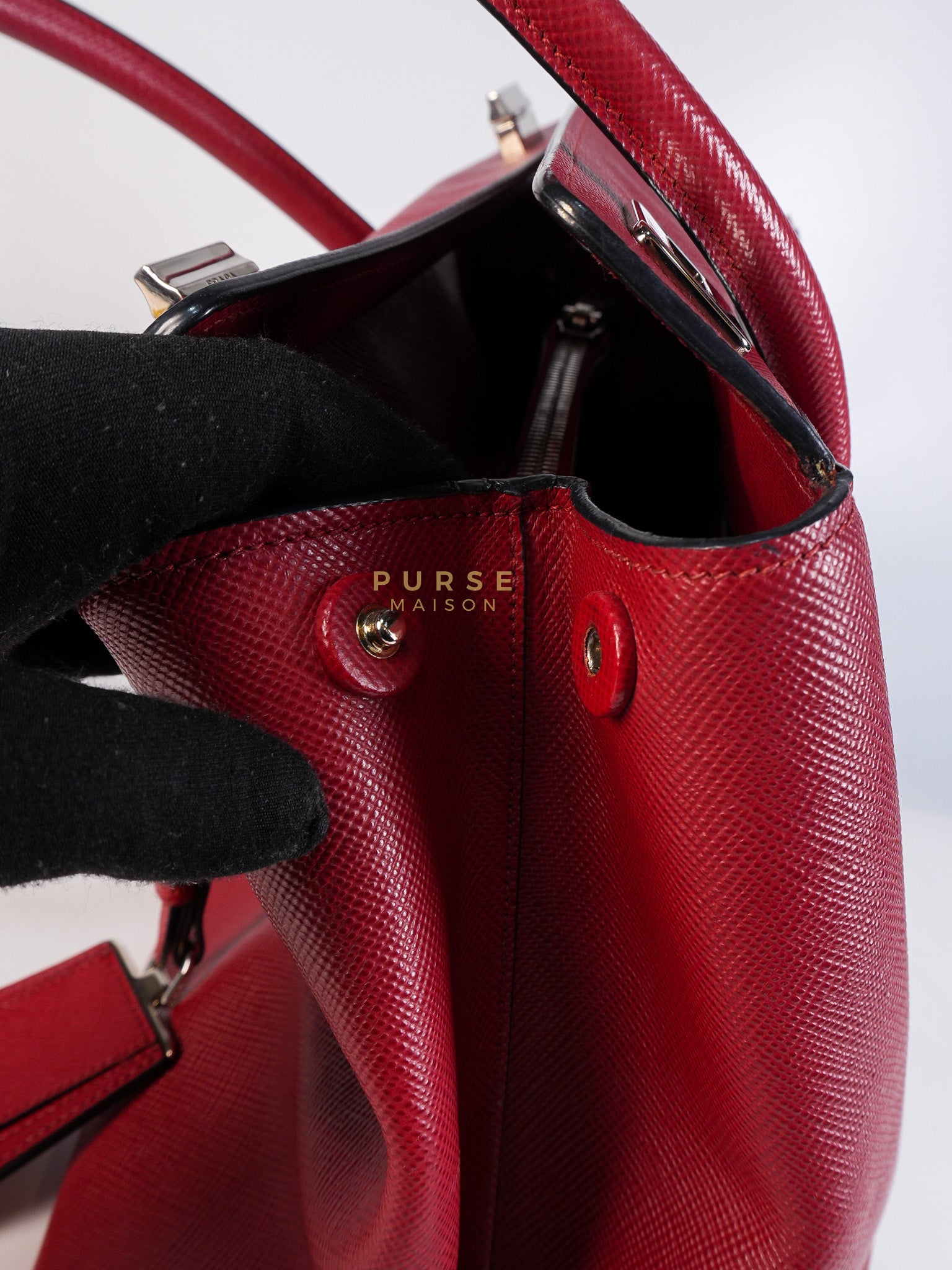 Saffiano Cuir Double Bag Large in Red Silver Hardware | Purse Maison Luxury Bags Shop