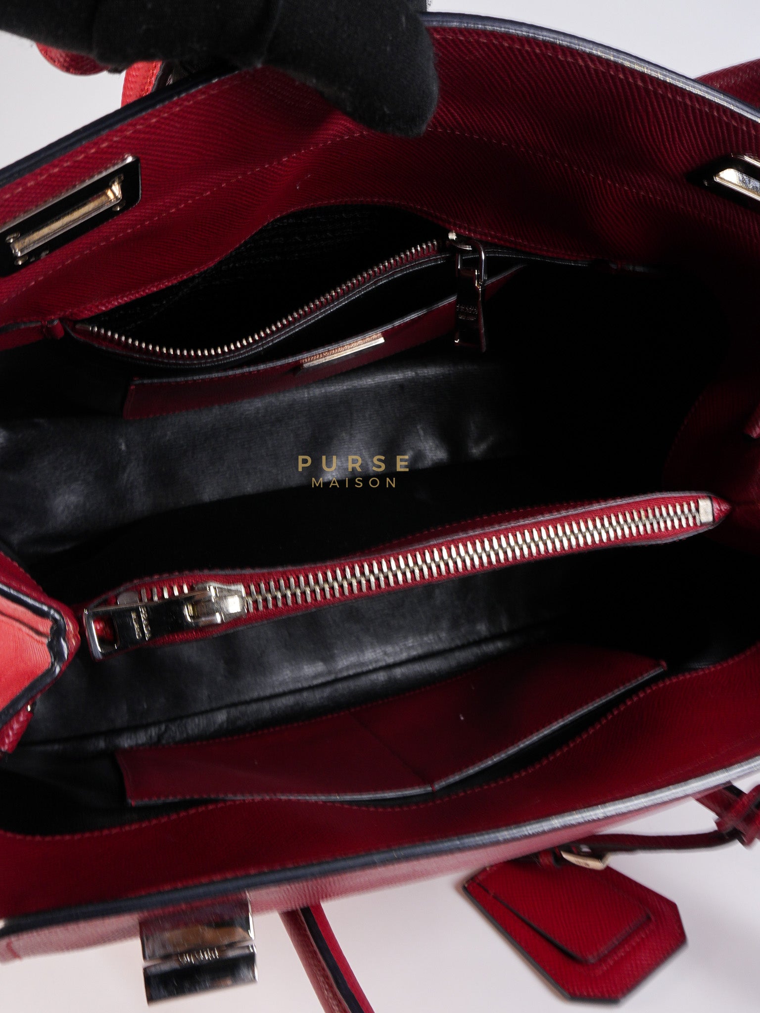 Saffiano Cuir Double Bag Large in Red Silver Hardware | Purse Maison Luxury Bags Shop