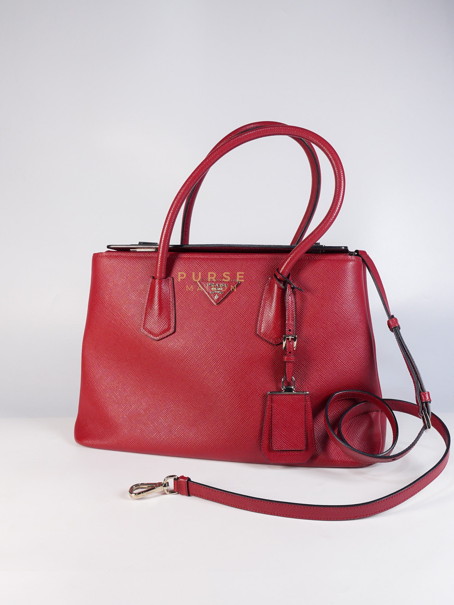 Saffiano Cuir Double Bag Large in Red Silver Hardware | Purse Maison Luxury Bags Shop