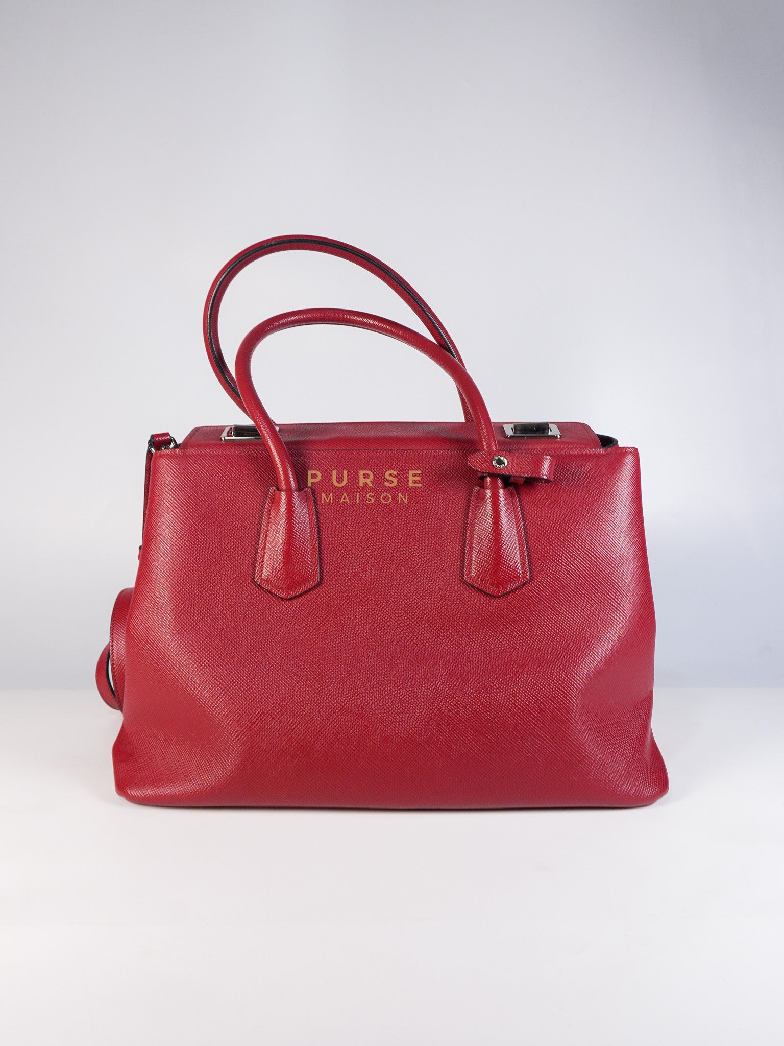 Saffiano Cuir Double Bag Large in Red Silver Hardware | Purse Maison Luxury Bags Shop