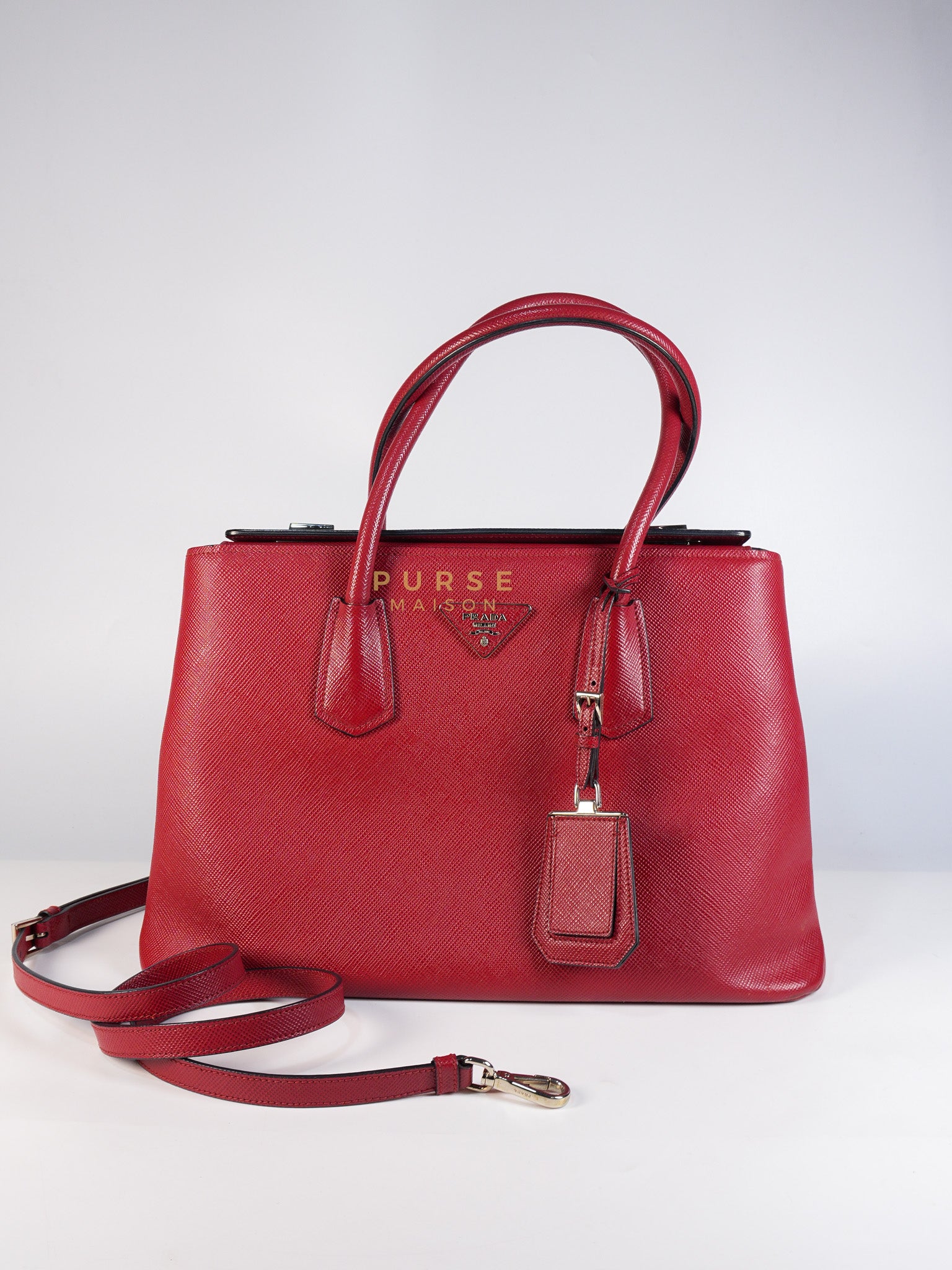 Saffiano Cuir Double Bag Large in Red Silver Hardware | Purse Maison Luxury Bags Shop
