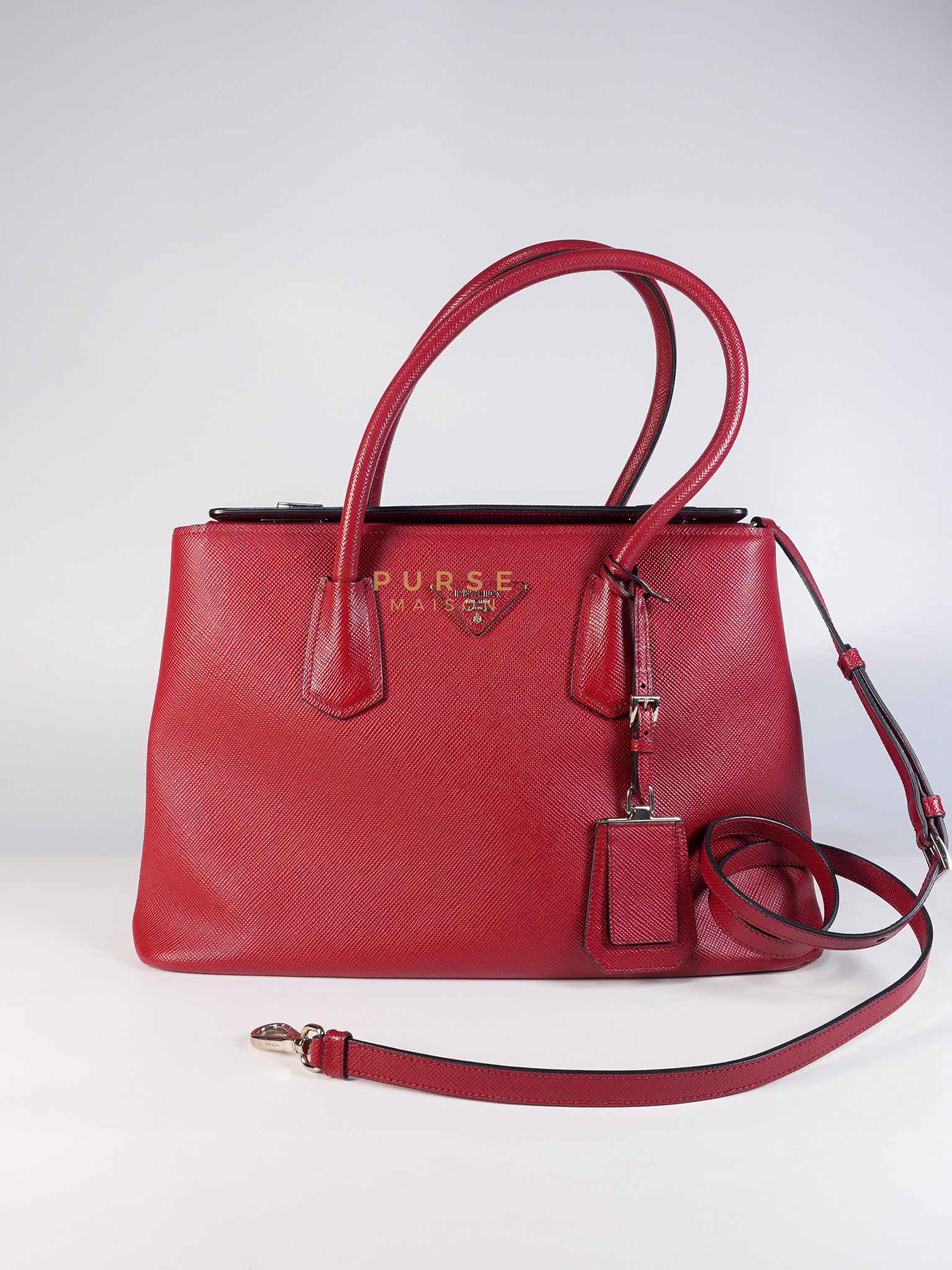 Saffiano Cuir Double Bag Large in Red Silver Hardware | Purse Maison Luxury Bags Shop
