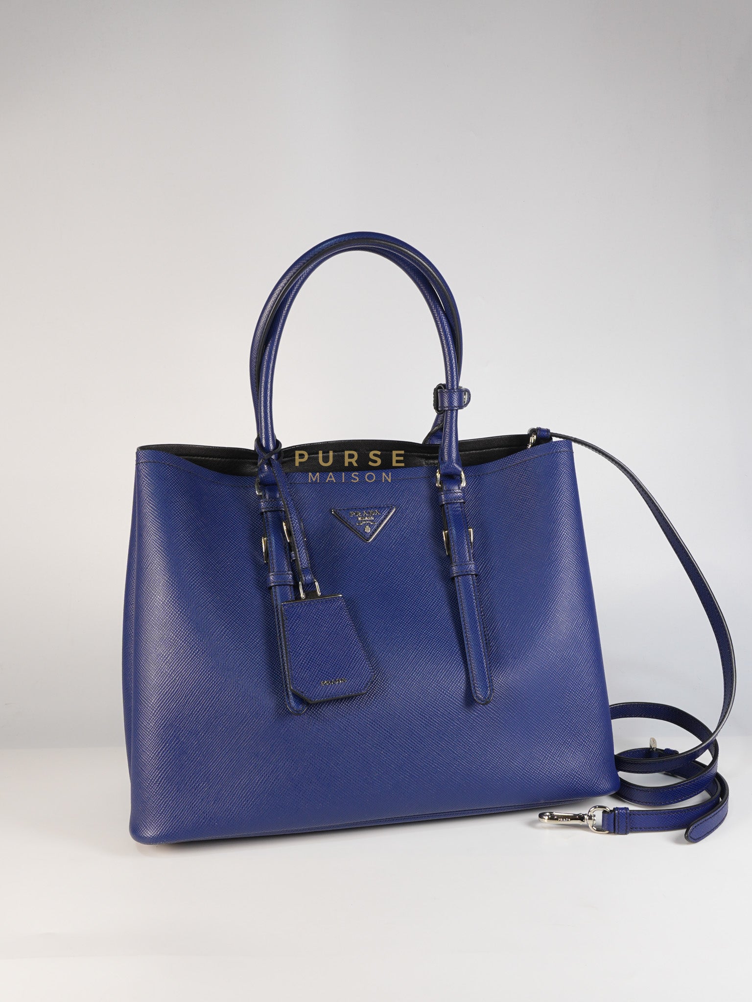 Saffiano Cuir Double Bag Medium in Blue | Purse Maison Luxury Bags Shop