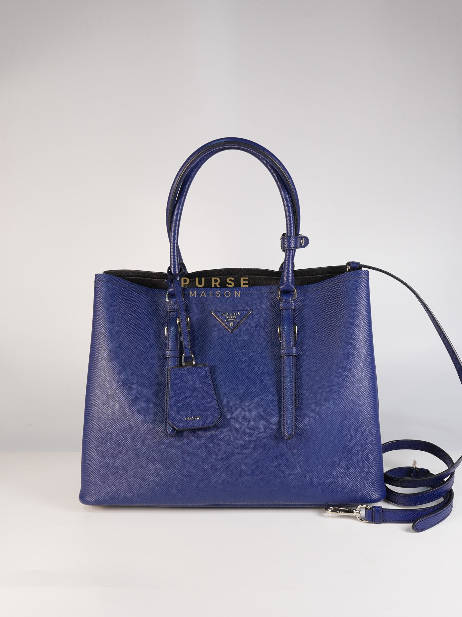 Saffiano Cuir Double Bag Medium in Blue | Purse Maison Luxury Bags Shop