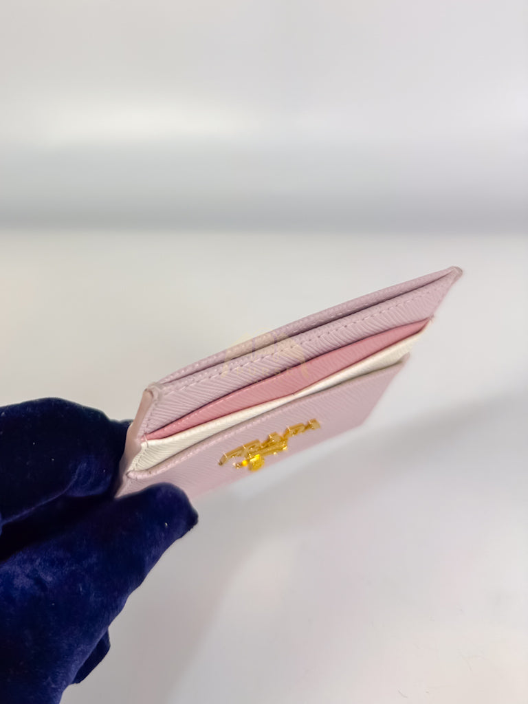 Saffiano Lux Card Holder in Light Pink Leather & Gold Hardware | Purse Maison Luxury Bags Shop