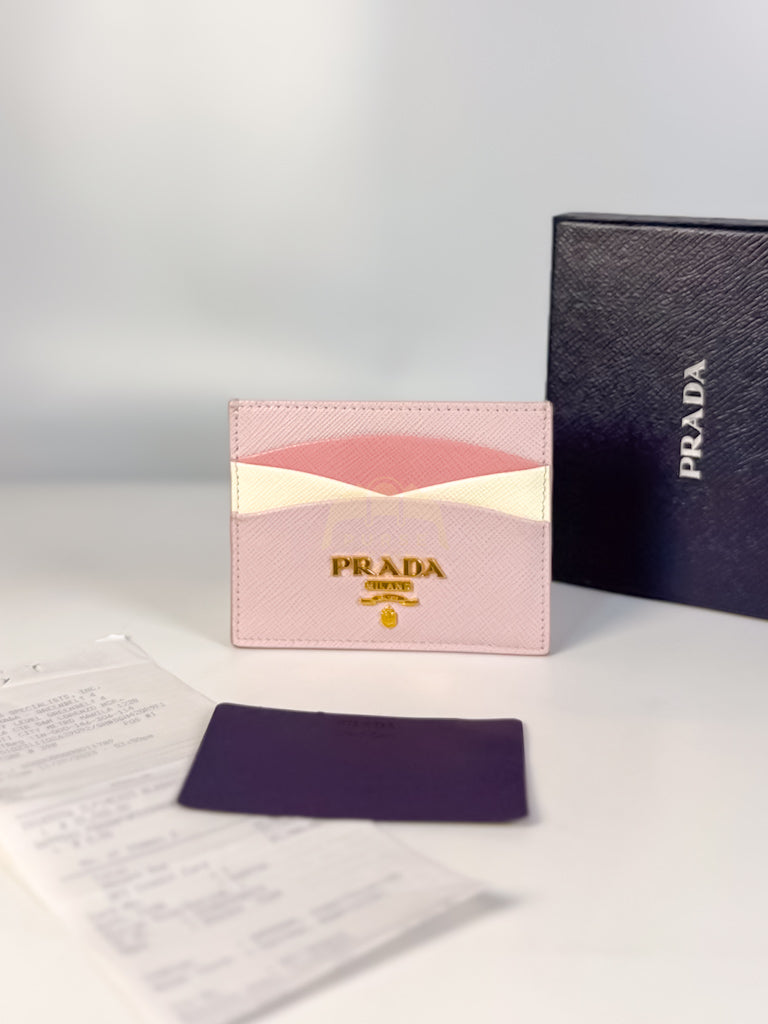 Saffiano Lux Card Holder in Light Pink Leather & Gold Hardware | Purse Maison Luxury Bags Shop
