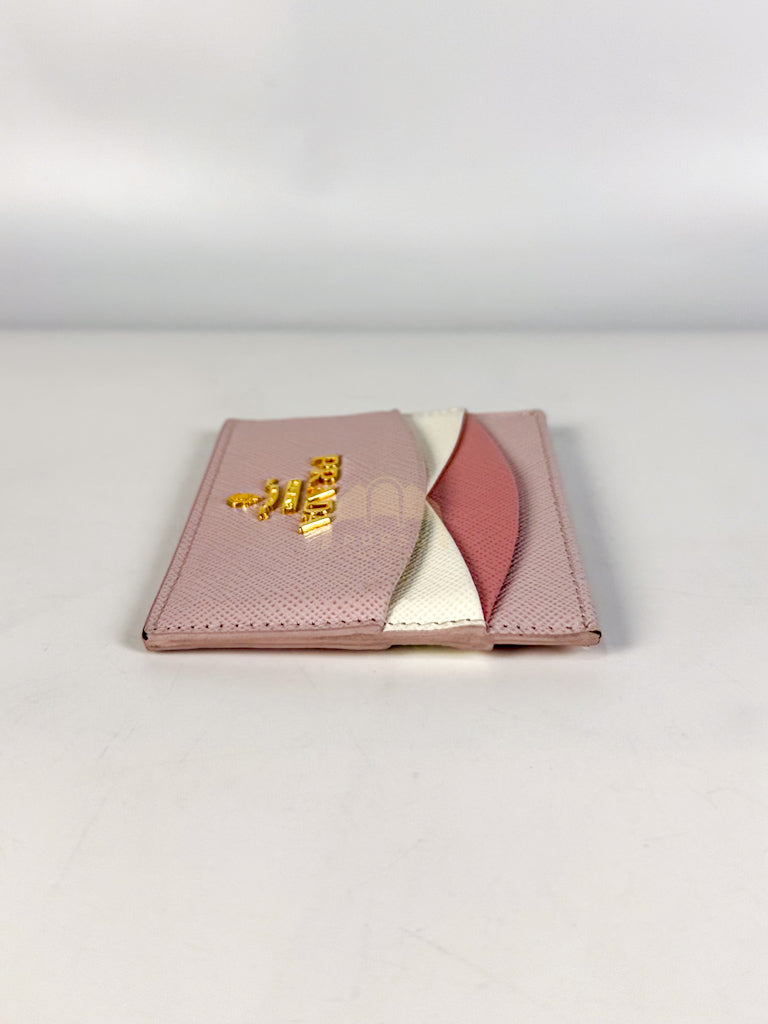 Saffiano Lux Card Holder in Light Pink Leather & Gold Hardware | Purse Maison Luxury Bags Shop