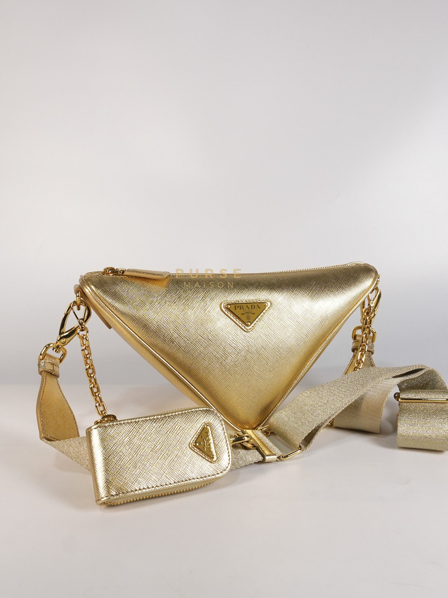 Saffiano Lux Triangle Shoulder Bag Platino in Gold | Purse Maison Luxury Bags Shop