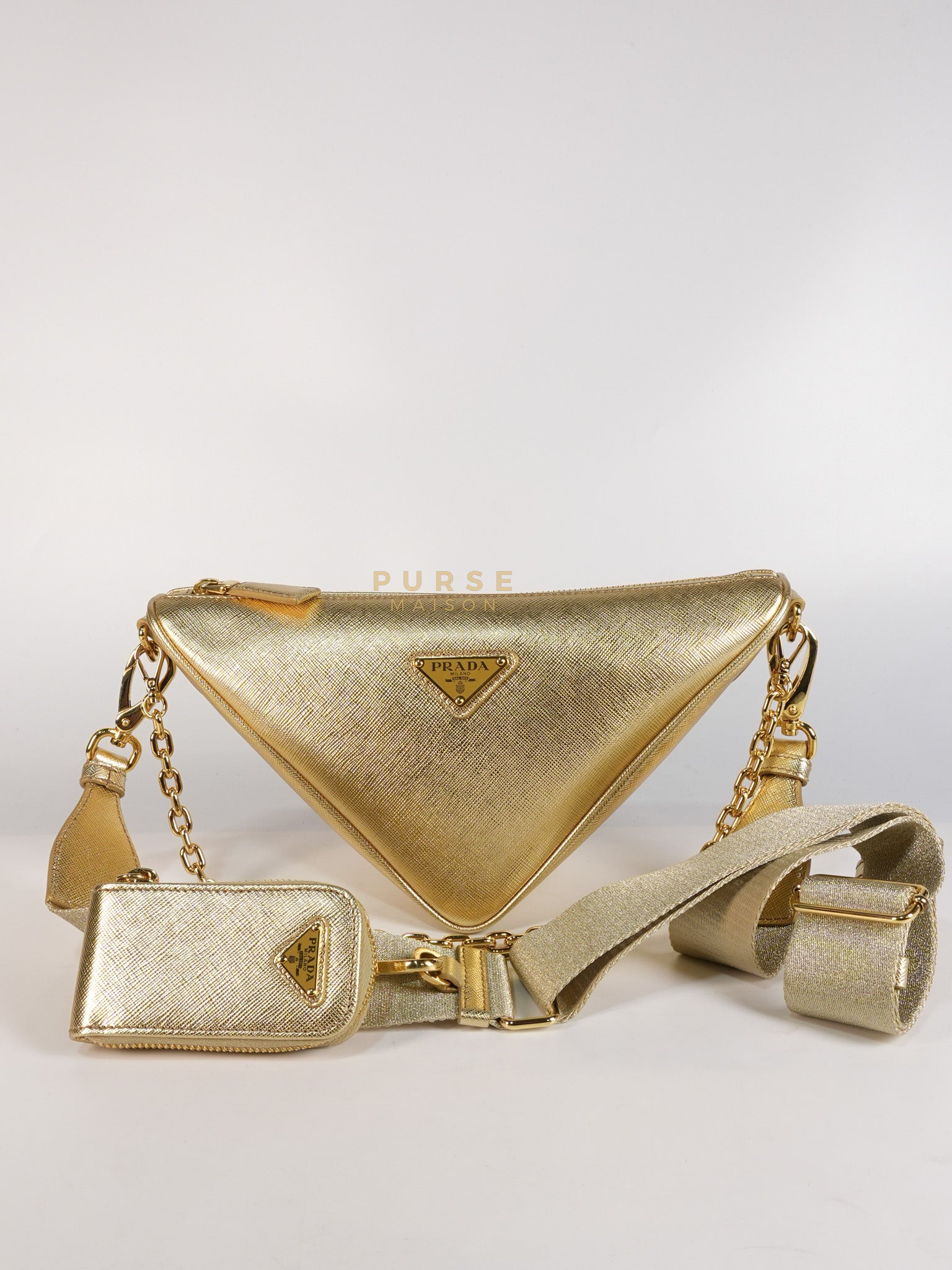 Saffiano Lux Triangle Shoulder Bag Platino in Gold | Purse Maison Luxury Bags Shop