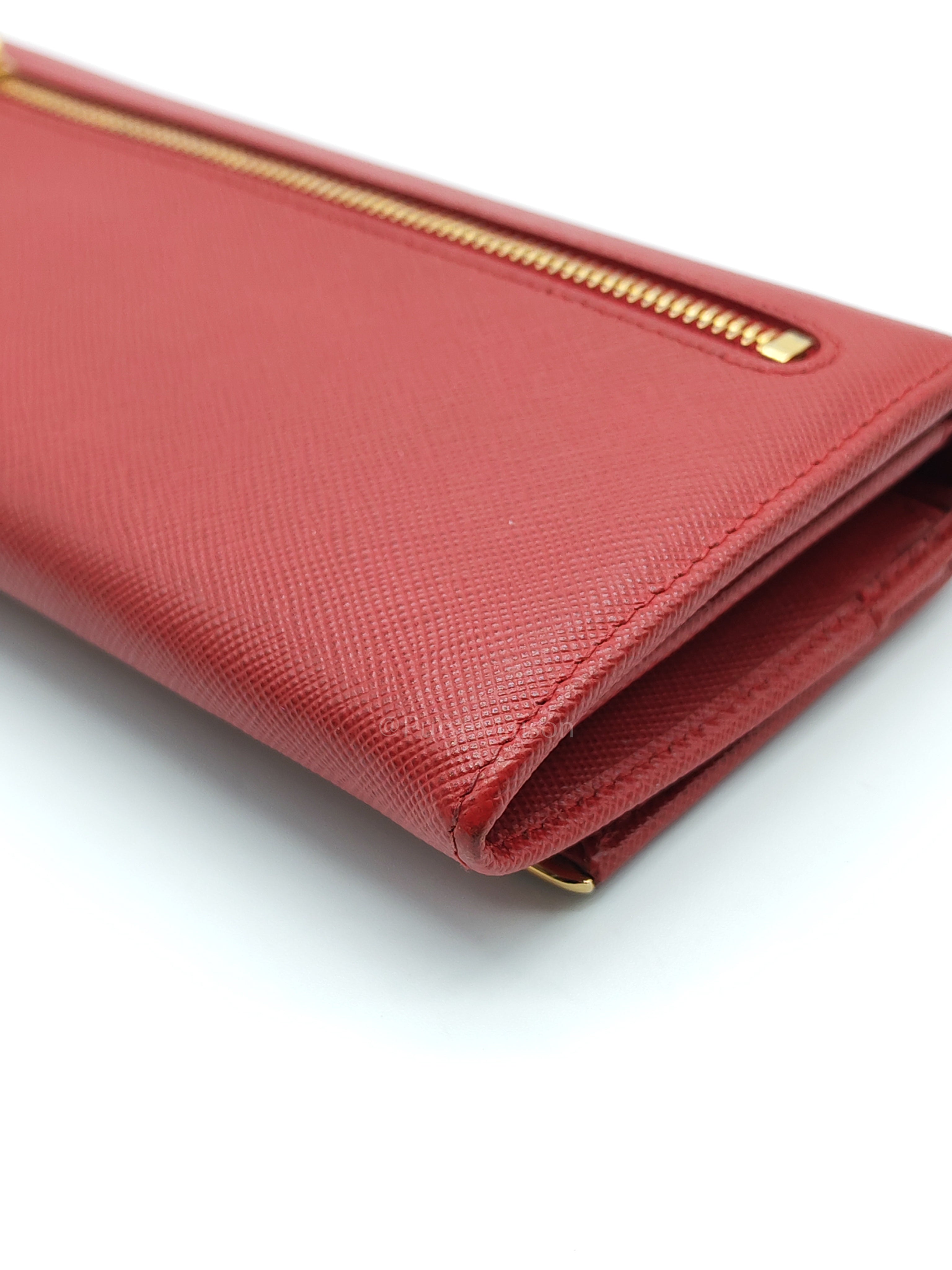 Saffiano Metal Long Wallet in Fiery Red & Gold Hardware | Purse Maison Luxury Bags Shop