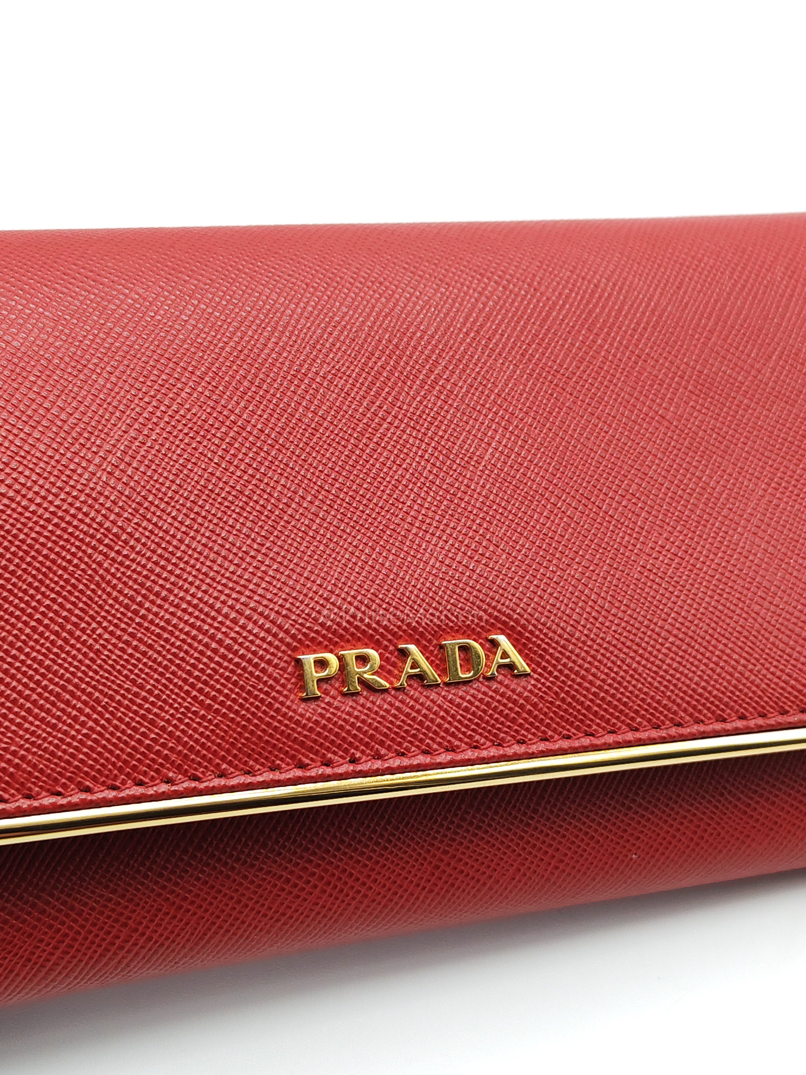 Saffiano Metal Long Wallet in Fiery Red & Gold Hardware | Purse Maison Luxury Bags Shop