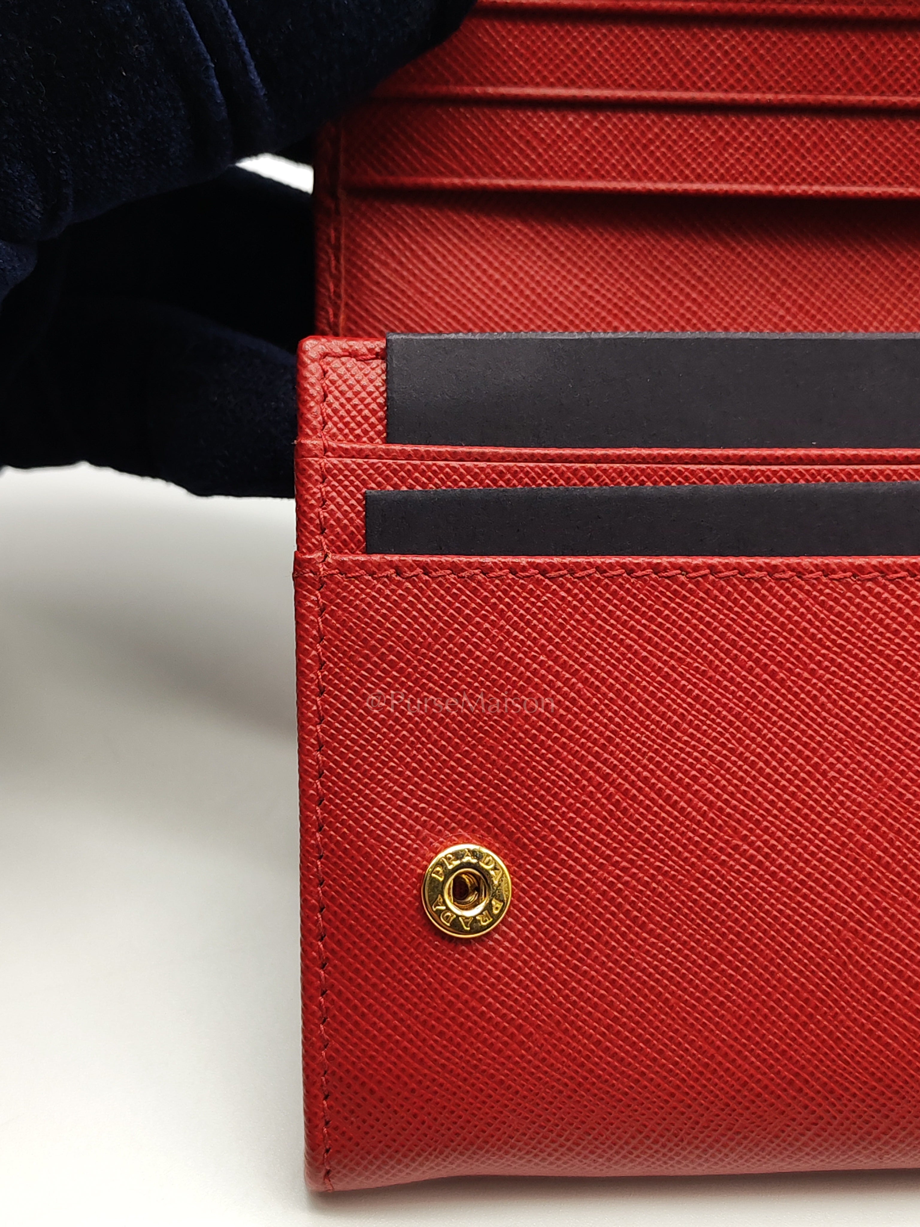 Saffiano Metal Long Wallet in Fiery Red & Gold Hardware | Purse Maison Luxury Bags Shop